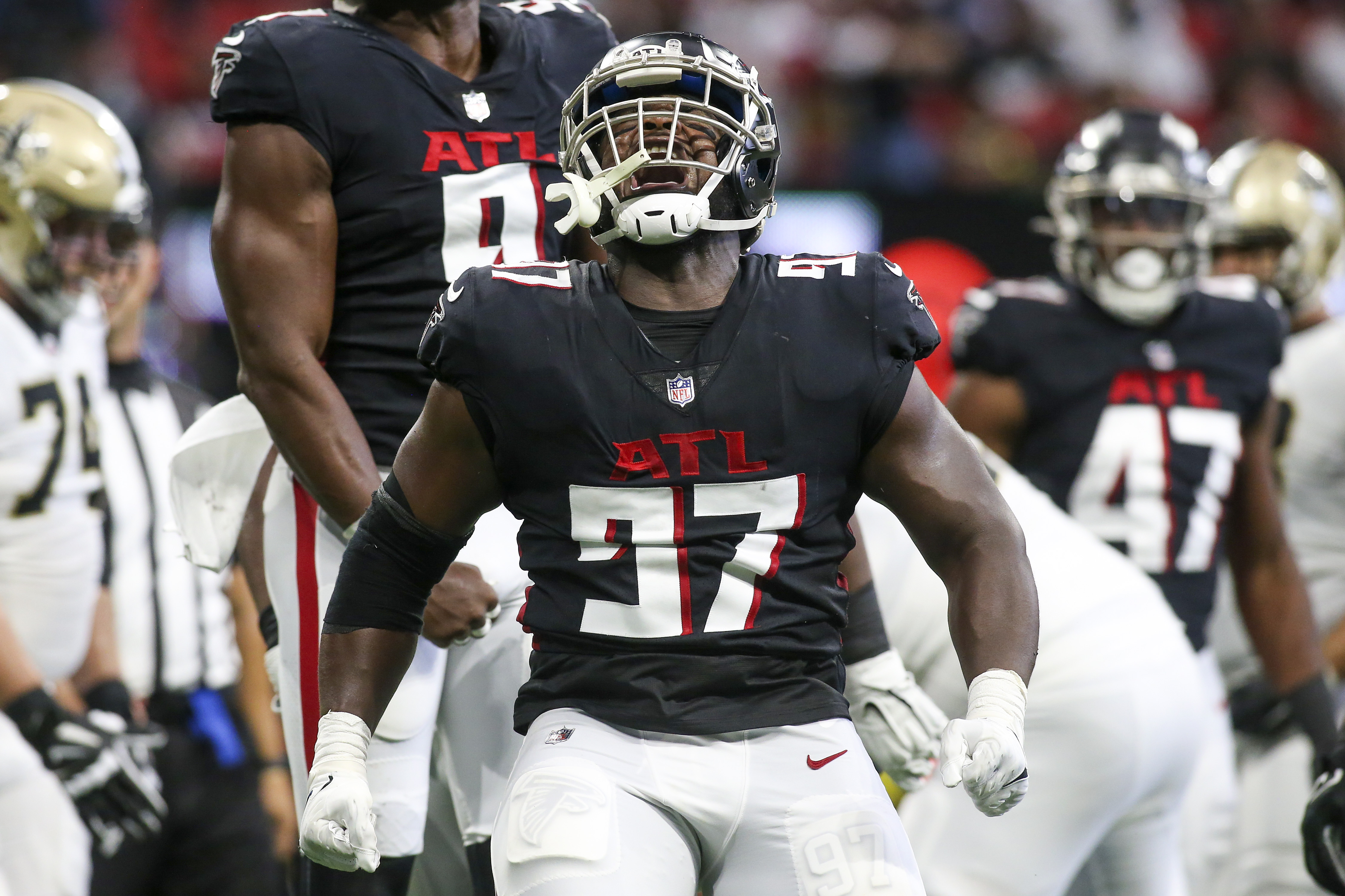 Falcons defensive tackle Grady Jarrett celebrates a sack vs the New Orleans Saints in Week 1 of the 2022 NFL season