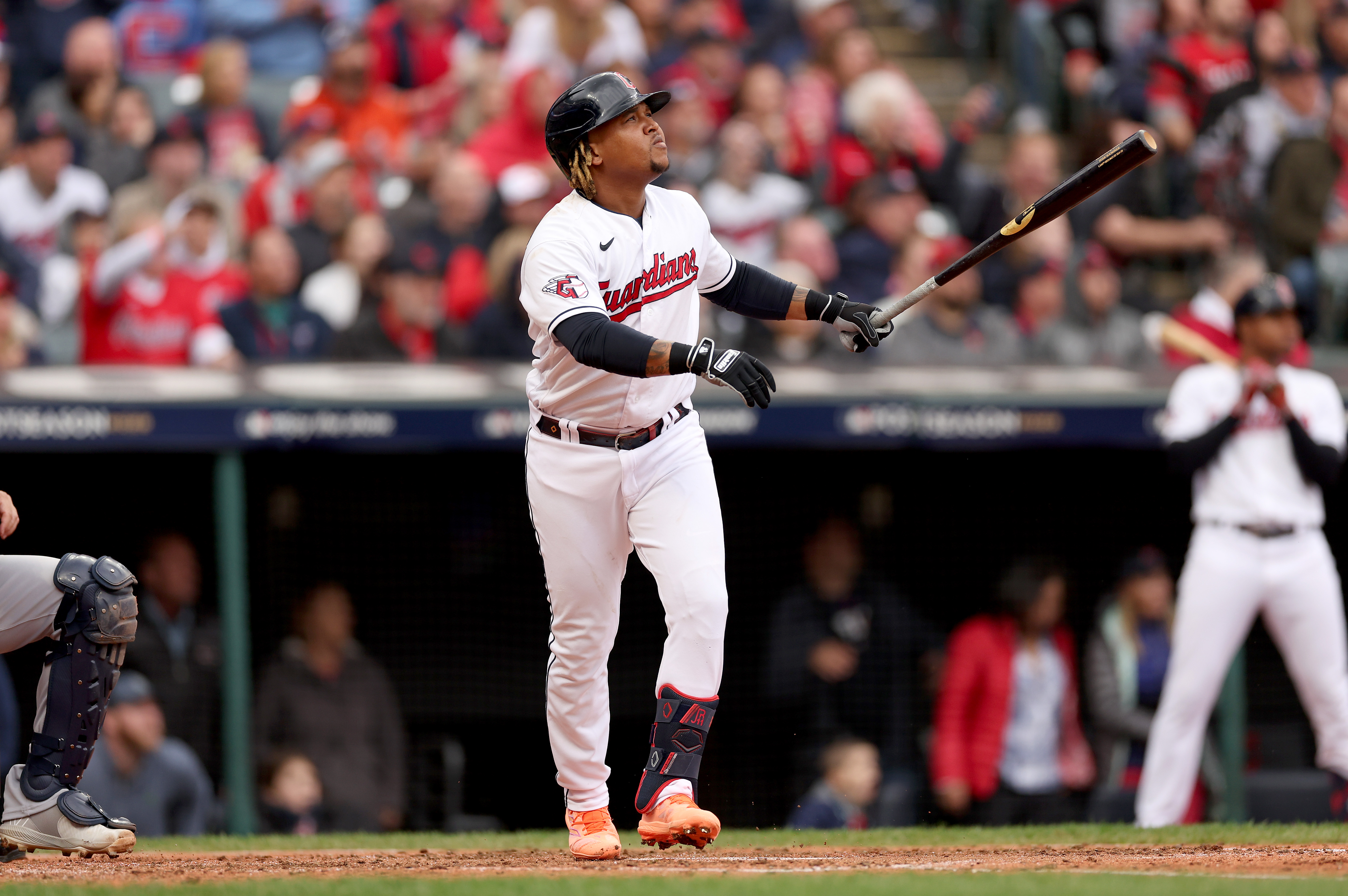 Jose Ramirez #11 of the Cleveland Guardians hits a two RBI home run in the sixth inning against the Tampa Bay Rays in game one of the Wild Card Series at Progressive Field on October 07, 2022 in Cleveland, Ohio.