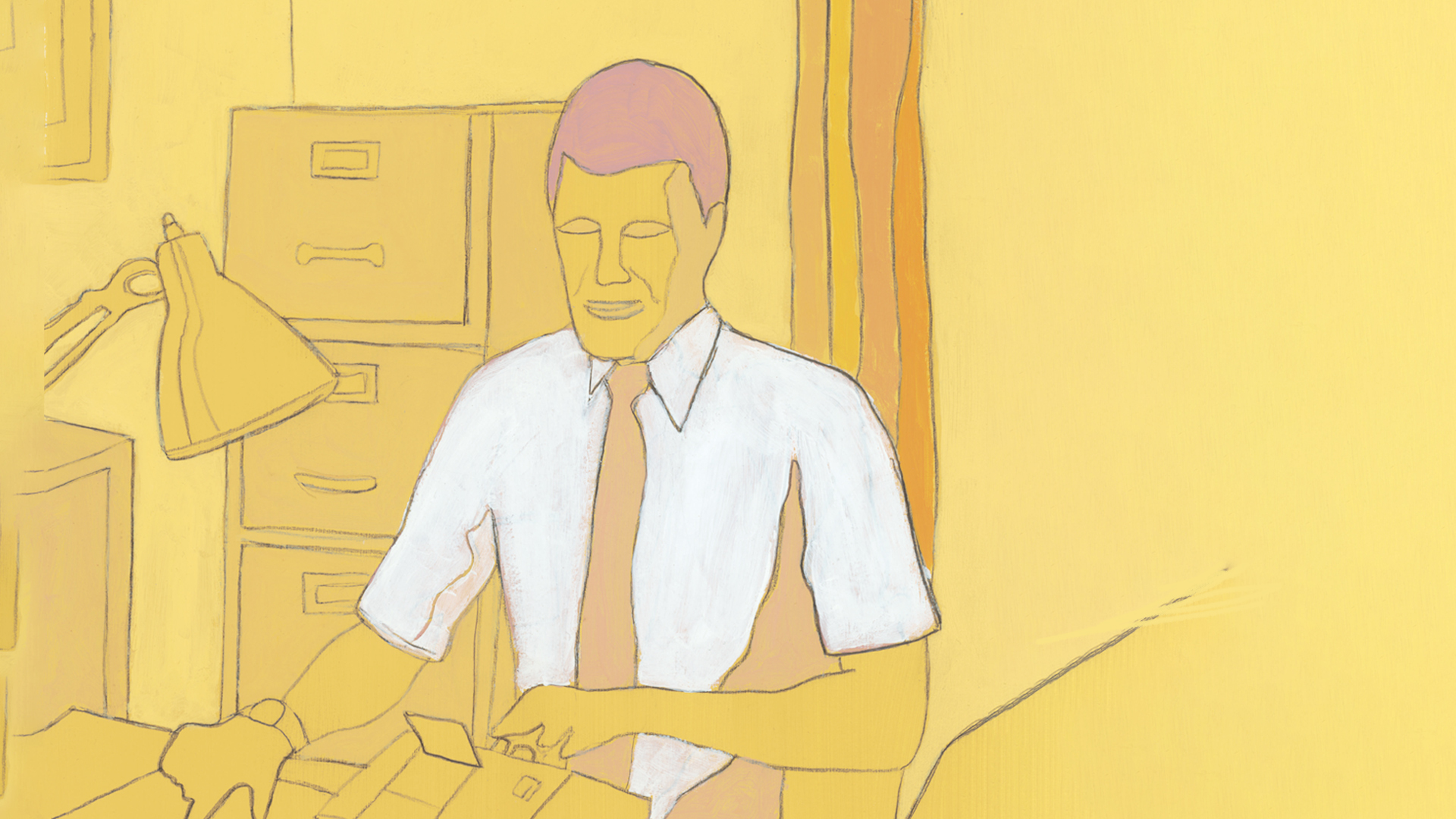 Illustration of an office worker wearing a collared shirt and tie while sitting at a desk.