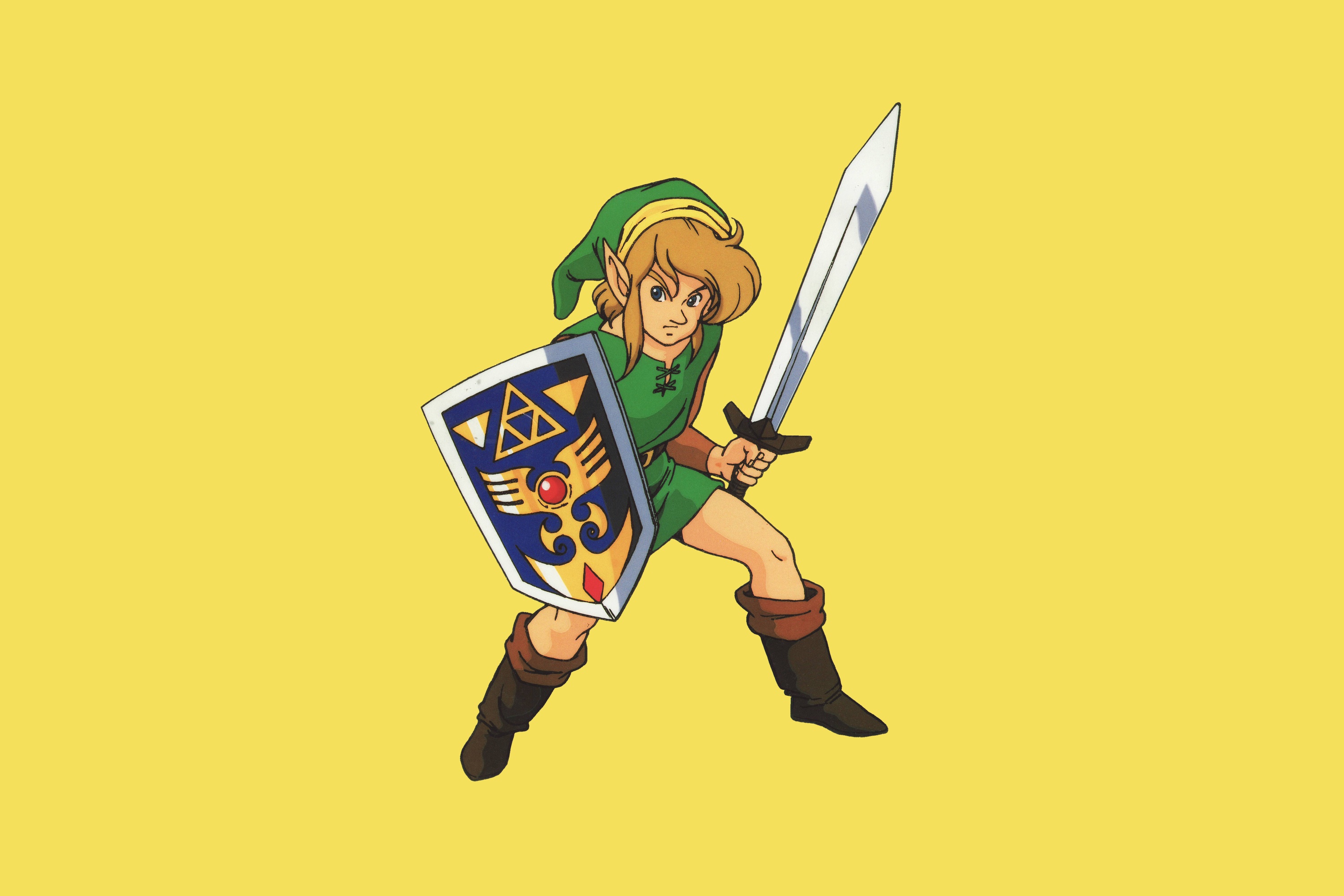Artwork of Link from The Legend of Zelda shows him posing while holding a sword and shield