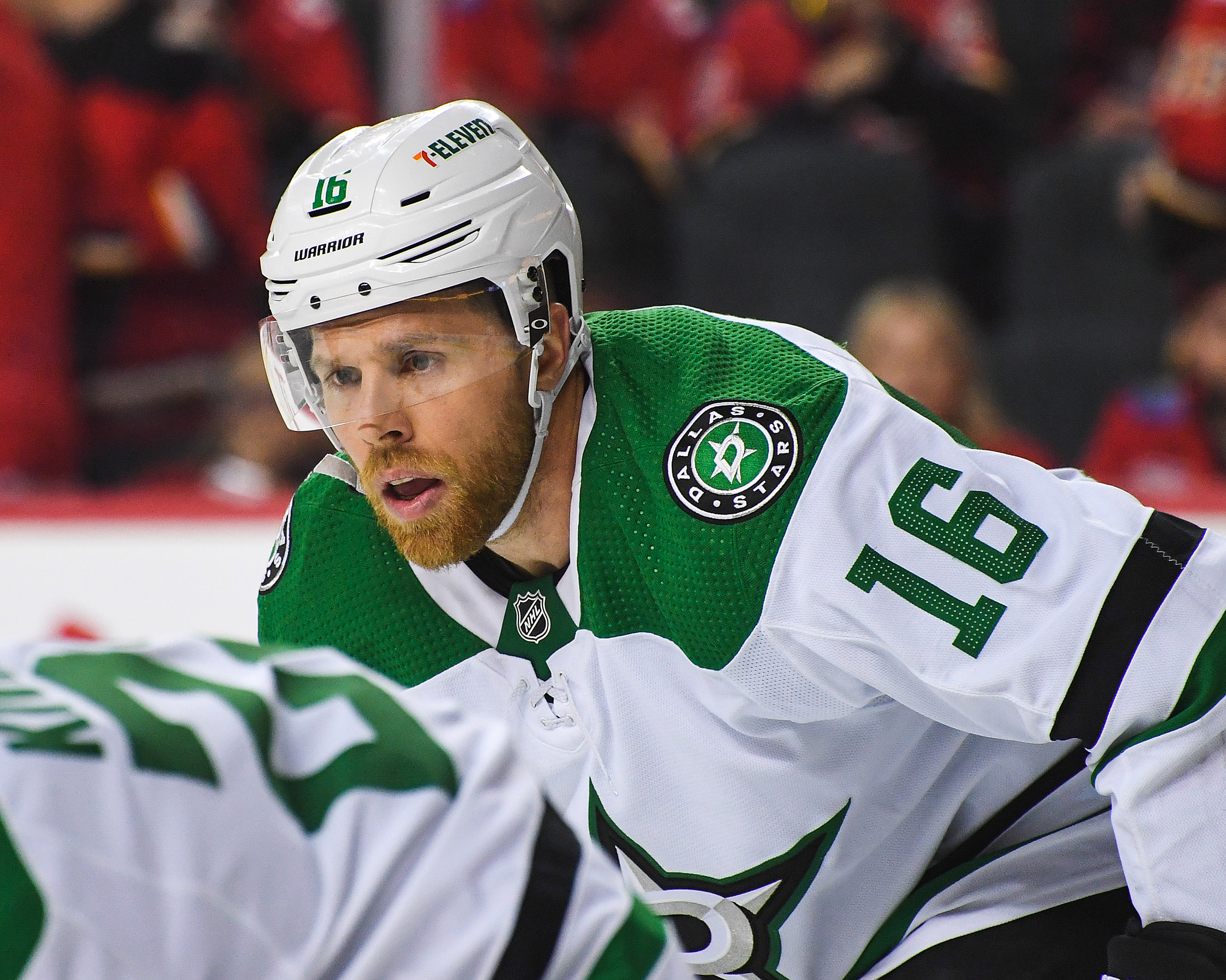 Joe Pavelski of the Dallas Stars in action against the Calgary Flames during Game Five of the First Round of the 2022 Stanley Cup Playoffs at Scotiabank Saddledome on May 11, 2022 in Calgary, Alberta, Canada. The Flames defeated the Stars 3-1.