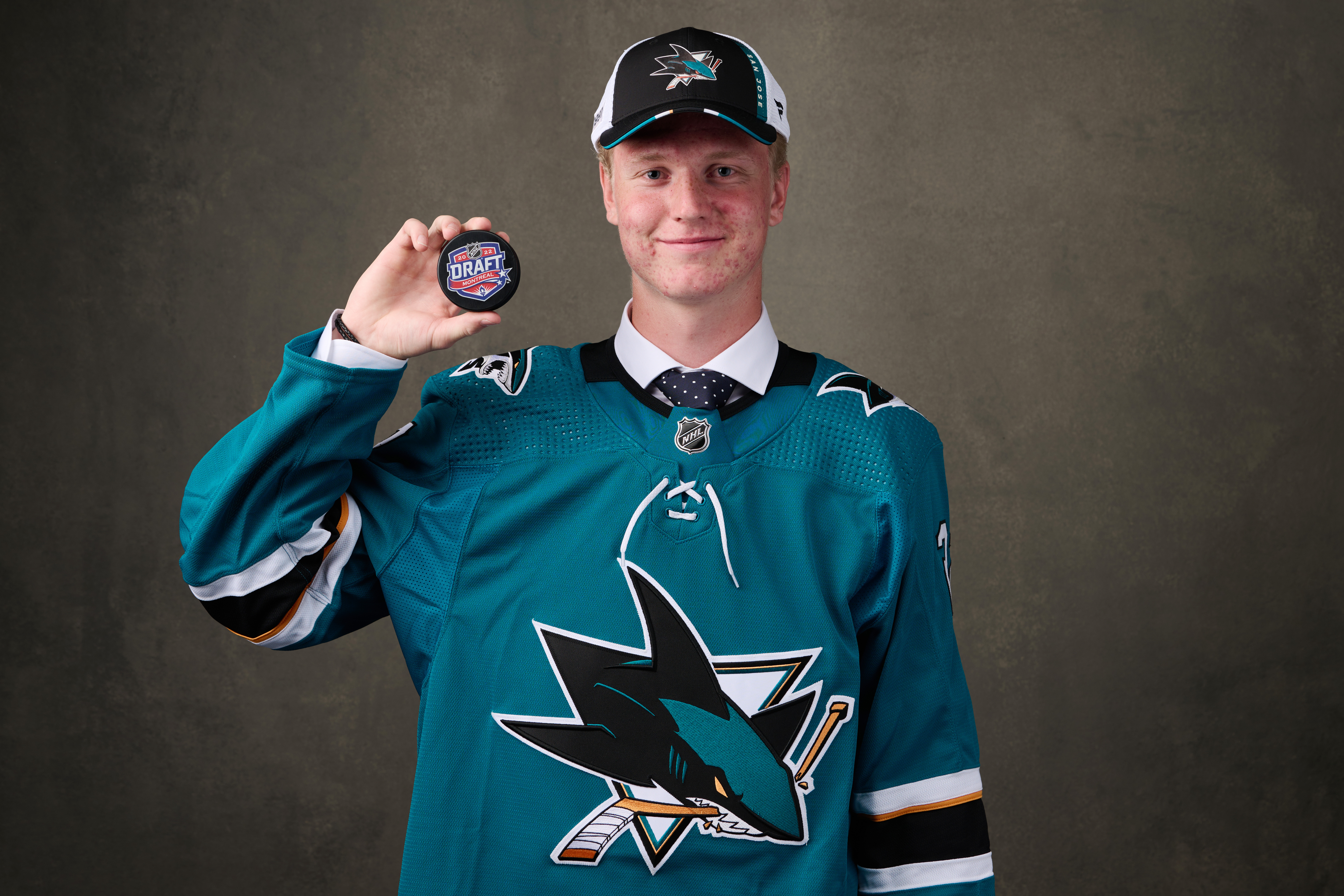 Filip Bystedt, #27 pick by the San Jose Sharks, poses for a portrait during the 2022 Upper Deck NHL Draft at Bell Centre on July 07, 2022 in Montreal, Quebec, Canada.