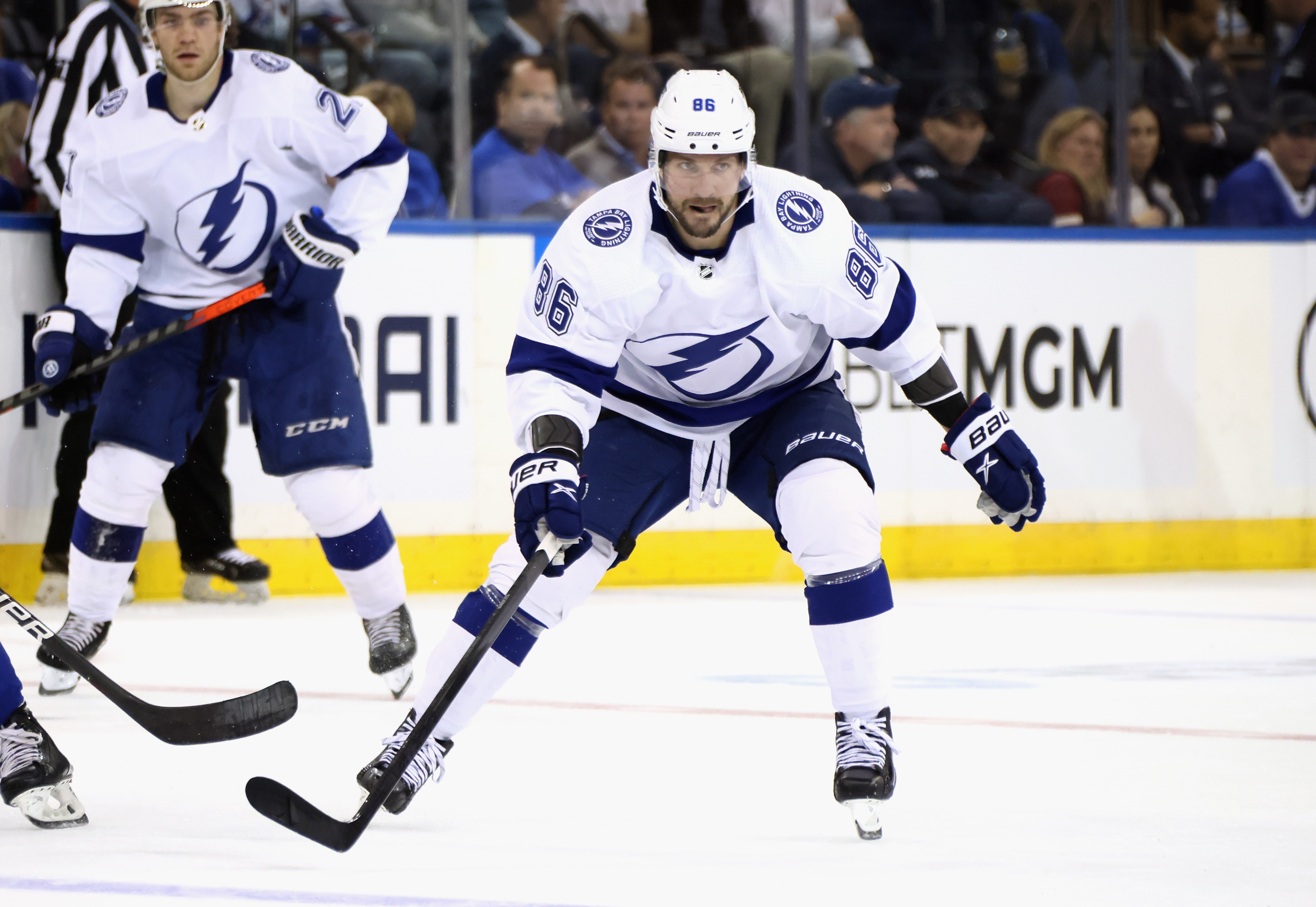 Nikita Kucherov of the Tampa Bay Lightning skates against the New York Rangers at Madison Square Garden during the season opening game on October 11, 2022 in New York City. The Rangers defeated the Lightning 3-1.