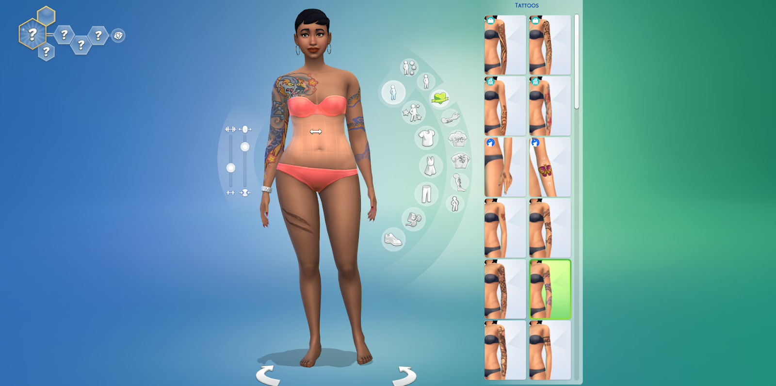 The Sims 4’s Create-a-Sim mode shows a tattooed Sim selecting clothing options