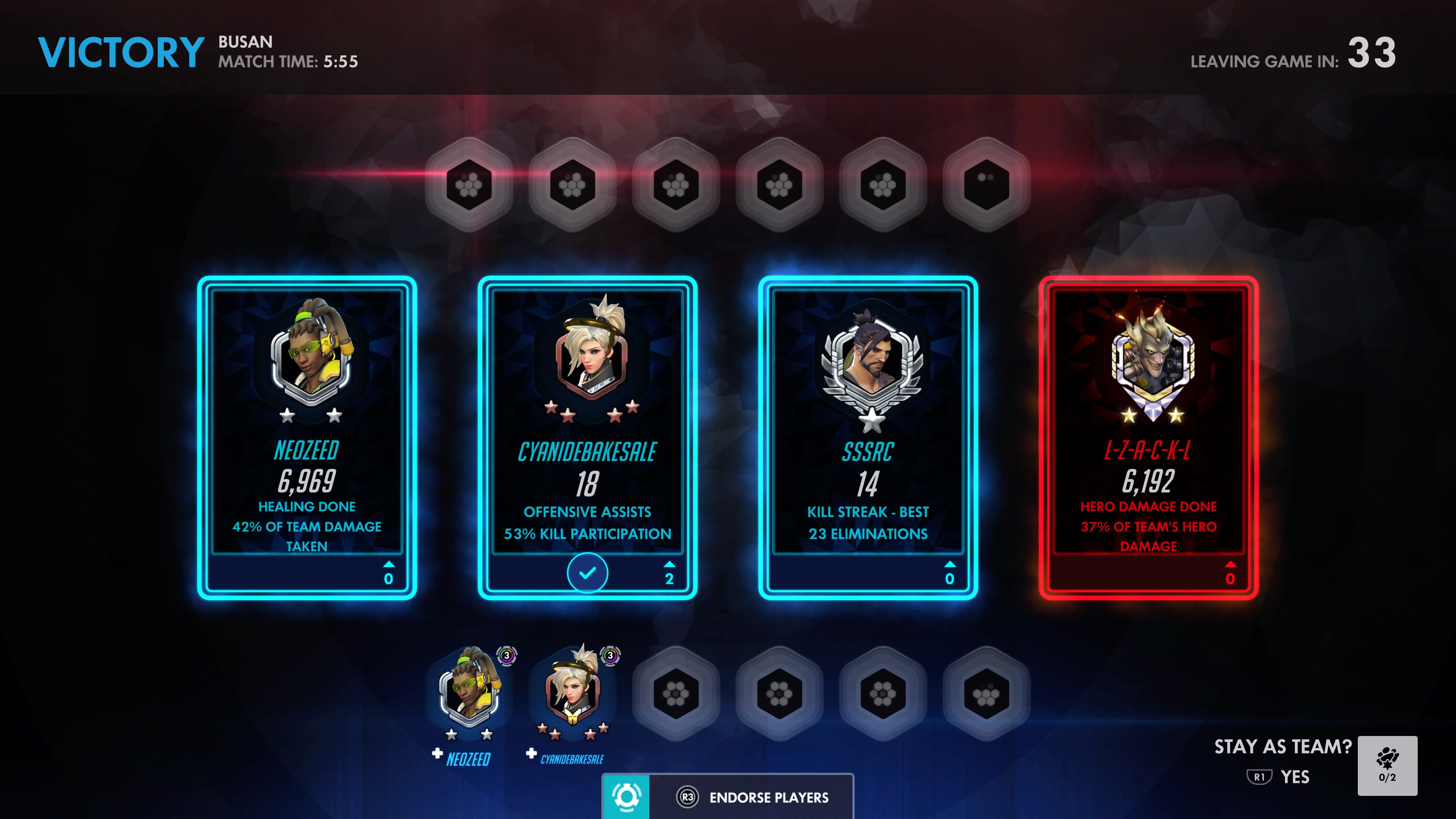 A post-game scorecard screen from the original Overwatch, showing performance highlights for Lucio, Mercy, Hanzo, and Junkrat players. 