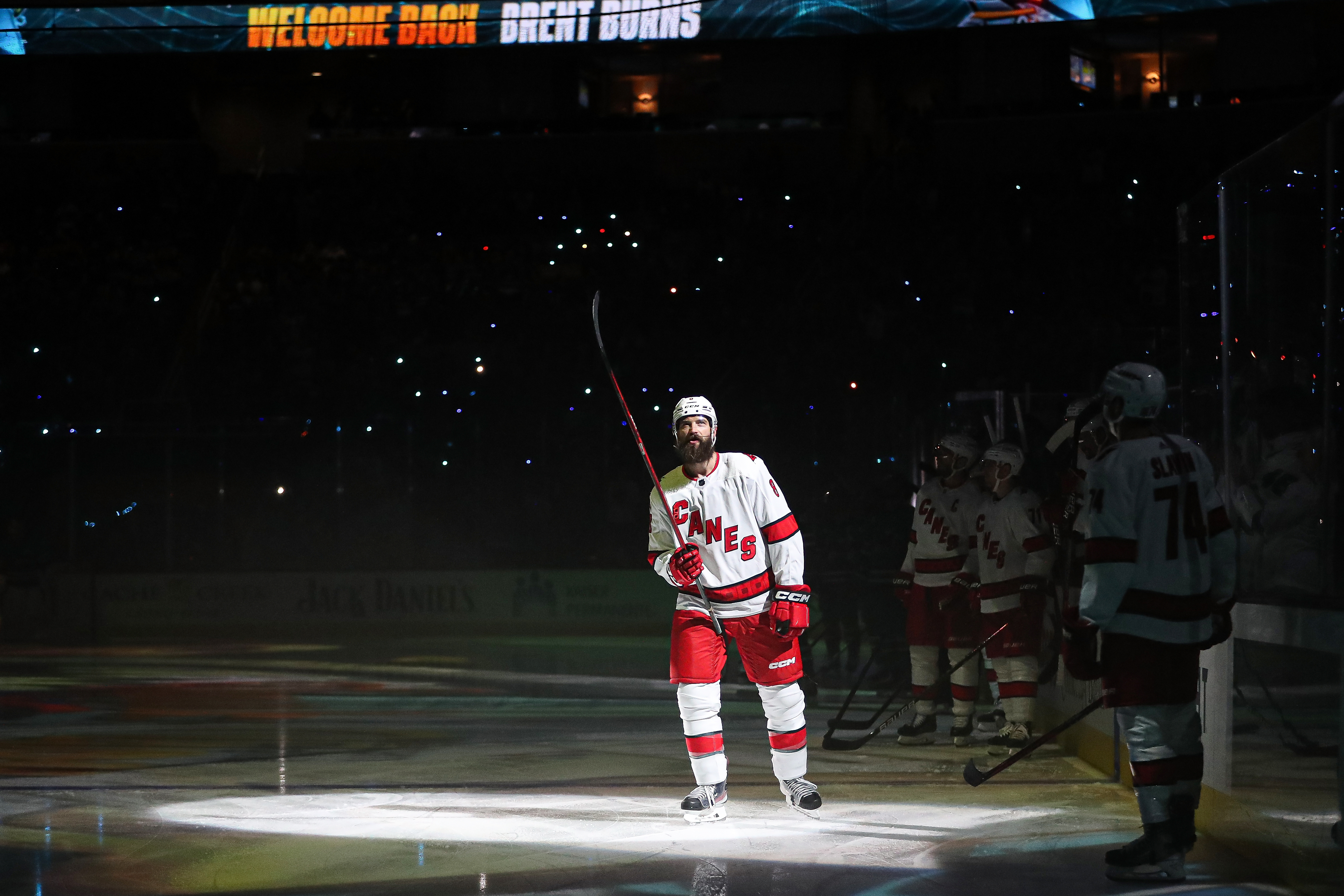 Brent Burns #8 of the Carolina Hurricanes is honored before the game against the San Jose Sharks at SAP Center on October 14, 2022 in San Jose, California.