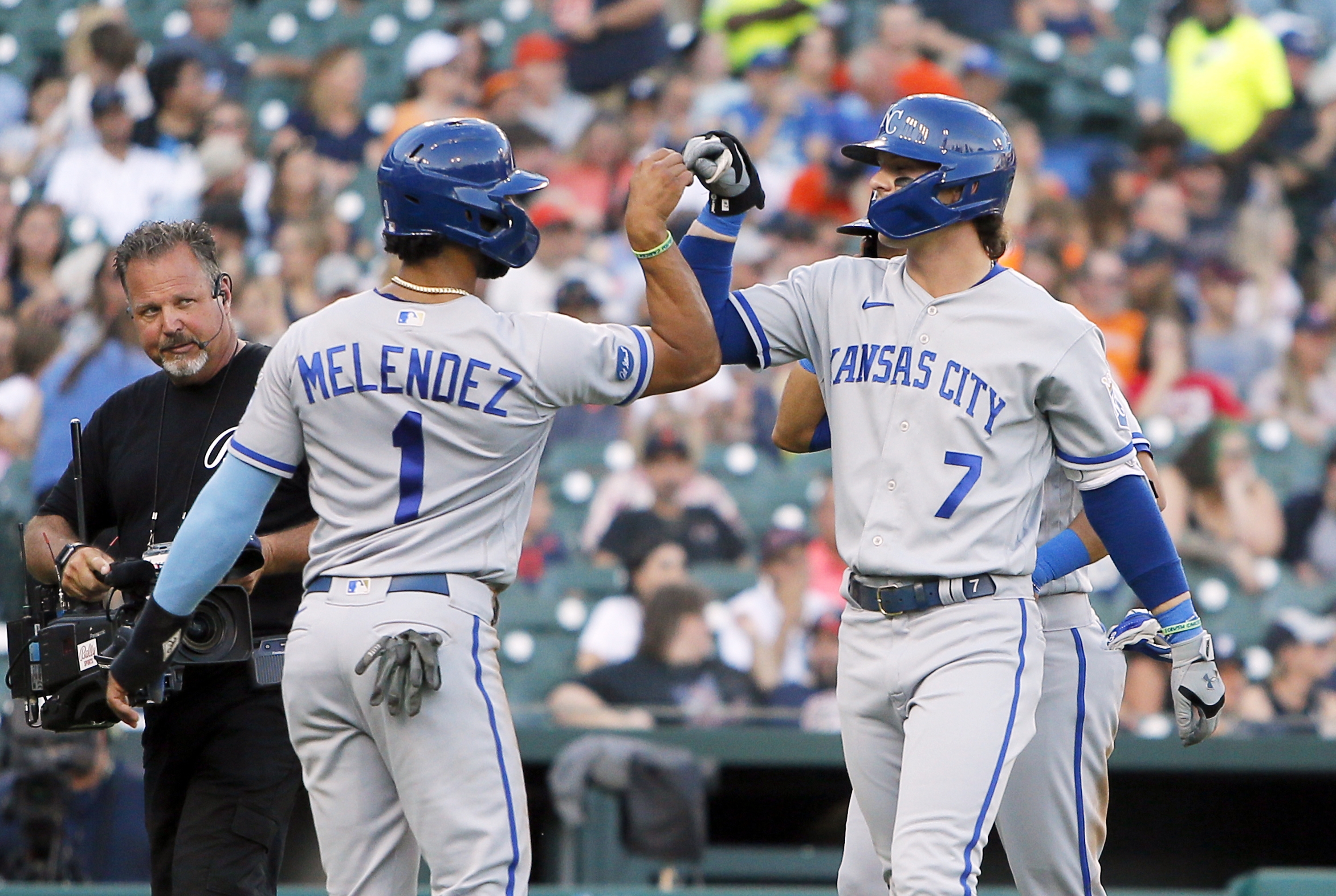 Bobby Witt Jr. #7 of the Kansas City Royals celebrates his three-run home run with teammate MJ Melendez #1 during the third inning of their game against the Detroit Tigers at Comerica Park on September 3, 2022, in Detroit, Michigan.