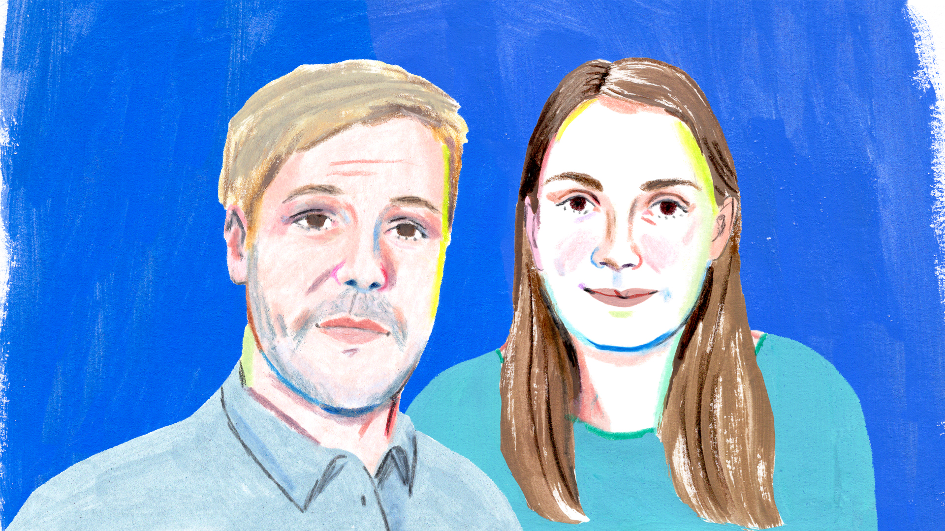 An illustration of a man and a woman, Jack Rafferty and Lucia Coulter.