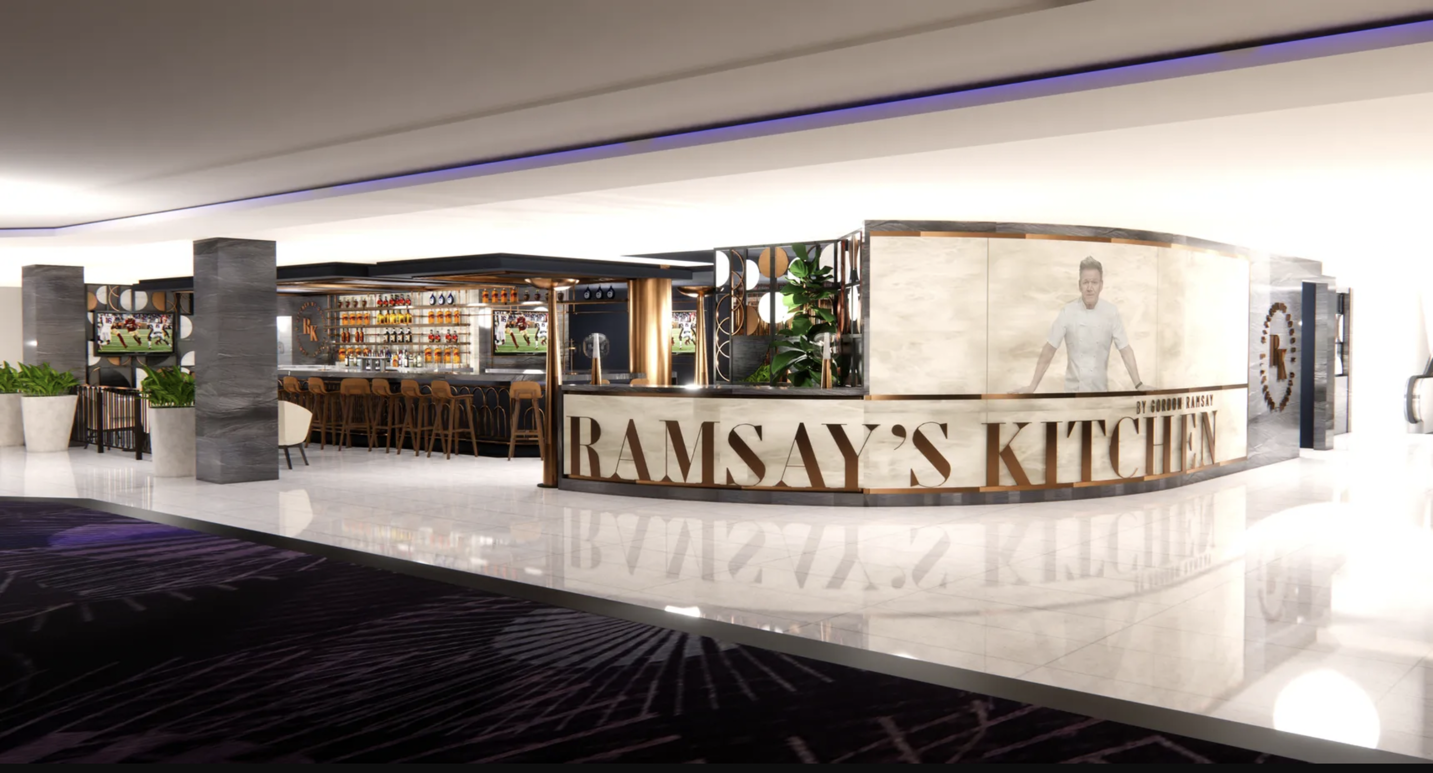 A rendering of Ramsay’s Kitchen Las Vegas&nbsp;featuring a marquee.