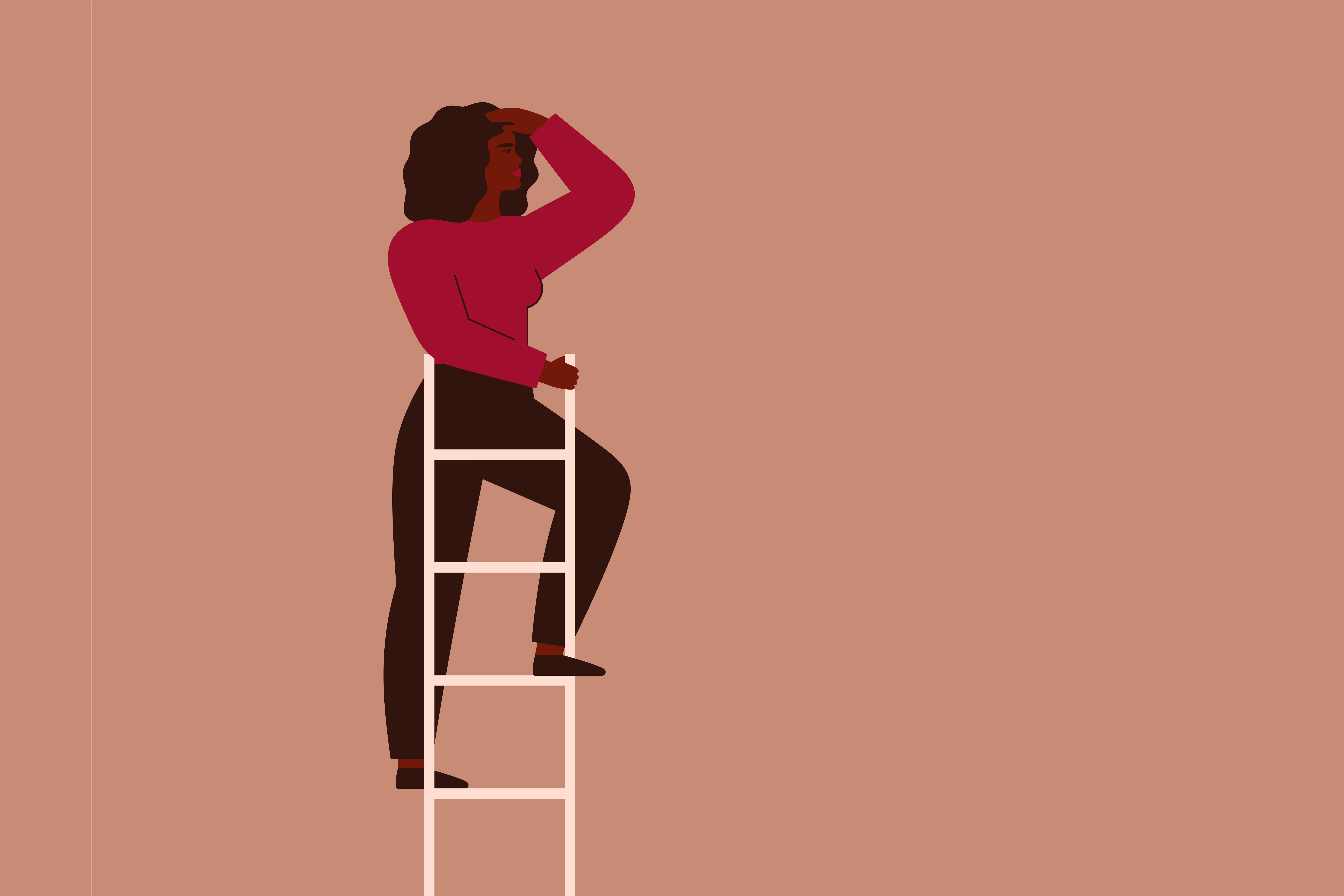 An illustration of a woman looking out from the top of a ladder.