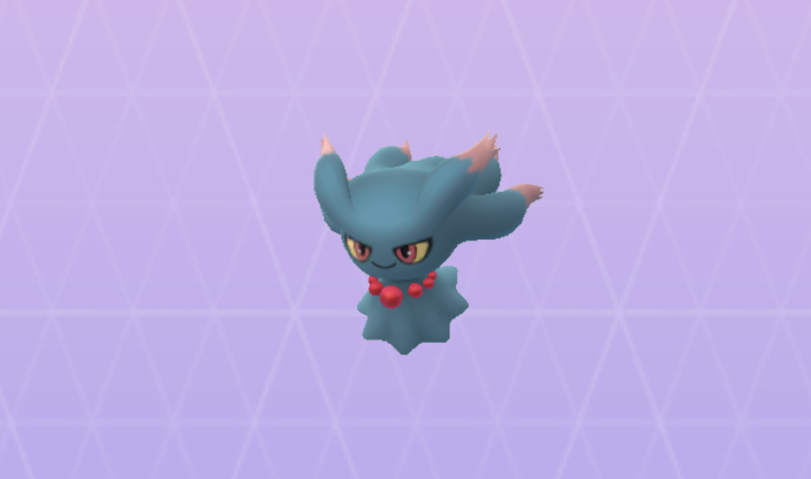 Misdreavus, the blue and purple ghost-type Pokémon, on the purple Pokémon Go background