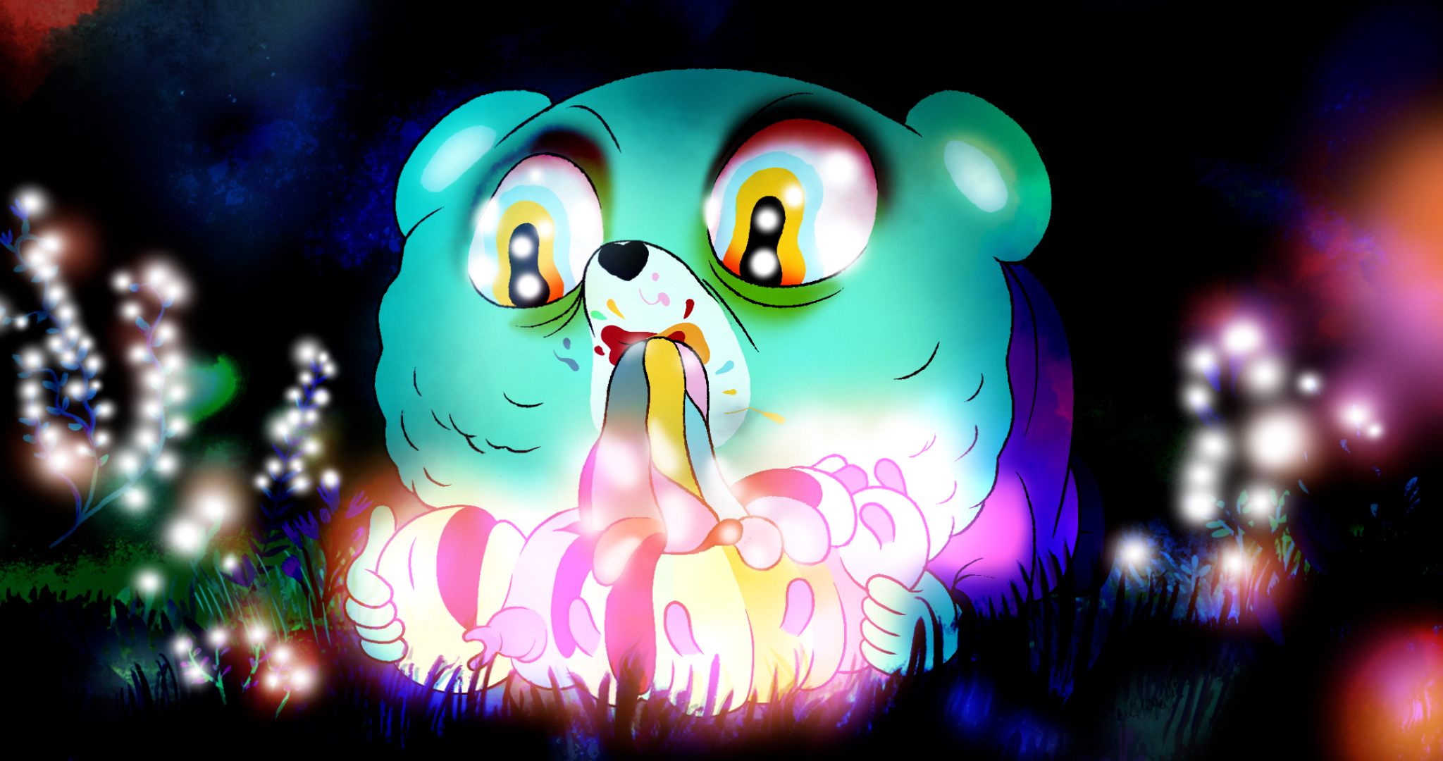A bloated, wild-eyed blue teddy bear devours the pastel guts of a rainbow-colored caterpillar in a hallucination sequence from the animated feature Unicorn Wars