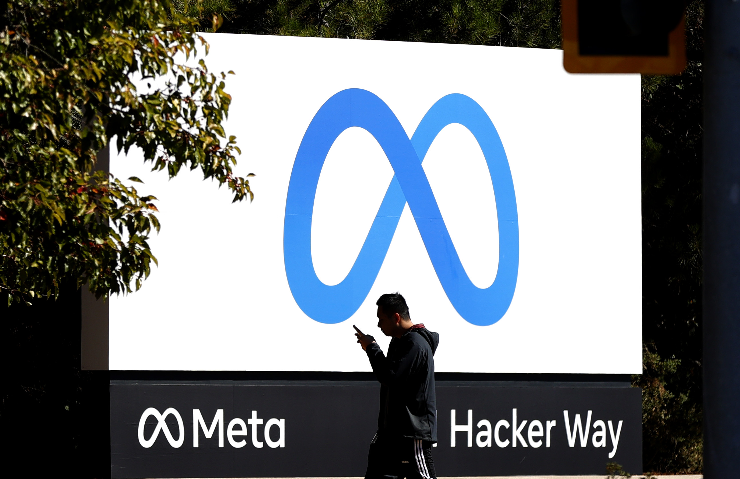 The Meta headquarters sign at 1 Hacker Way in Menlo Park, California.