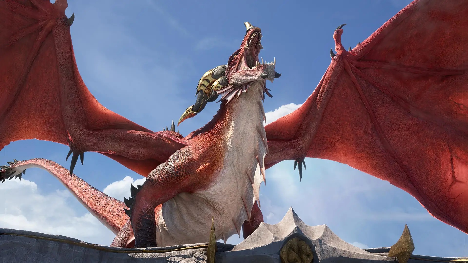 An impressive red dragon tilts its head back and roars, with wings spread against a blue sky