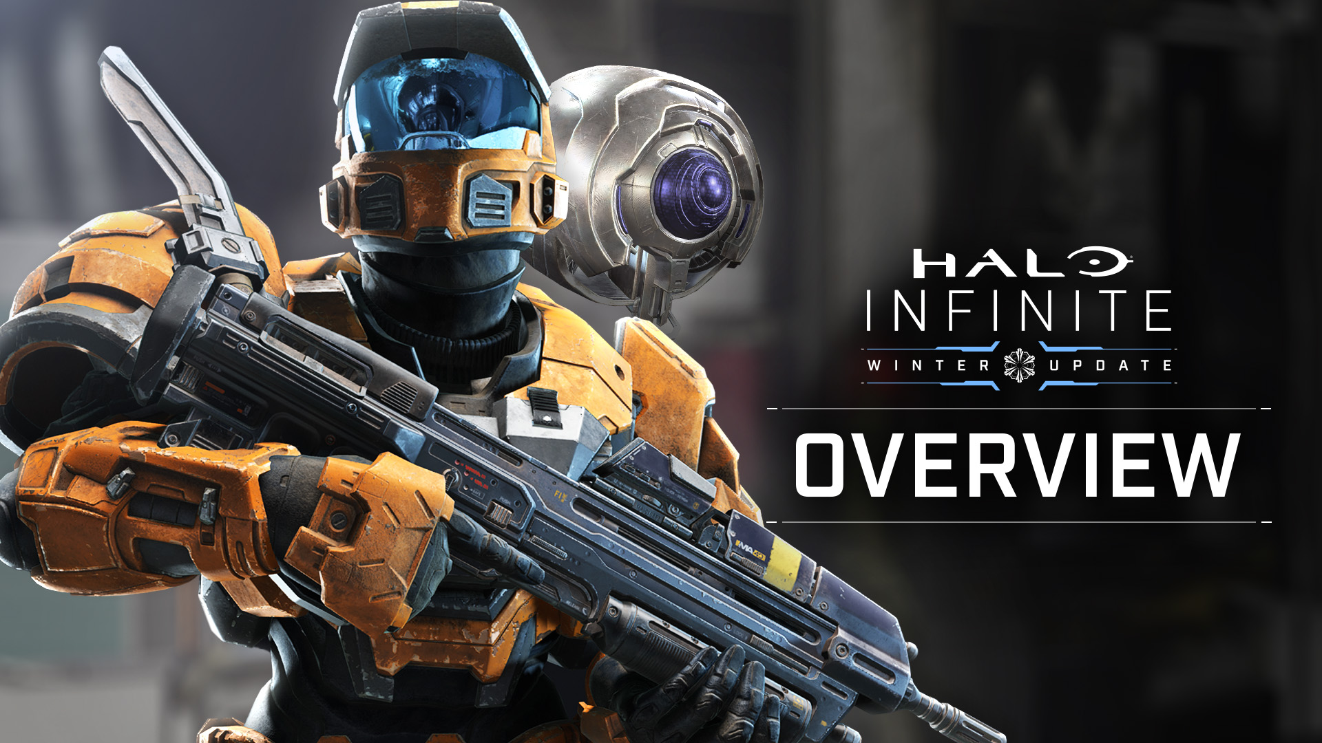 A Spartan space marine soldier in yellow armor holding a battle rifle beside a floating spherical robot with text reading, “Halo Infinite Winter Update Overview”