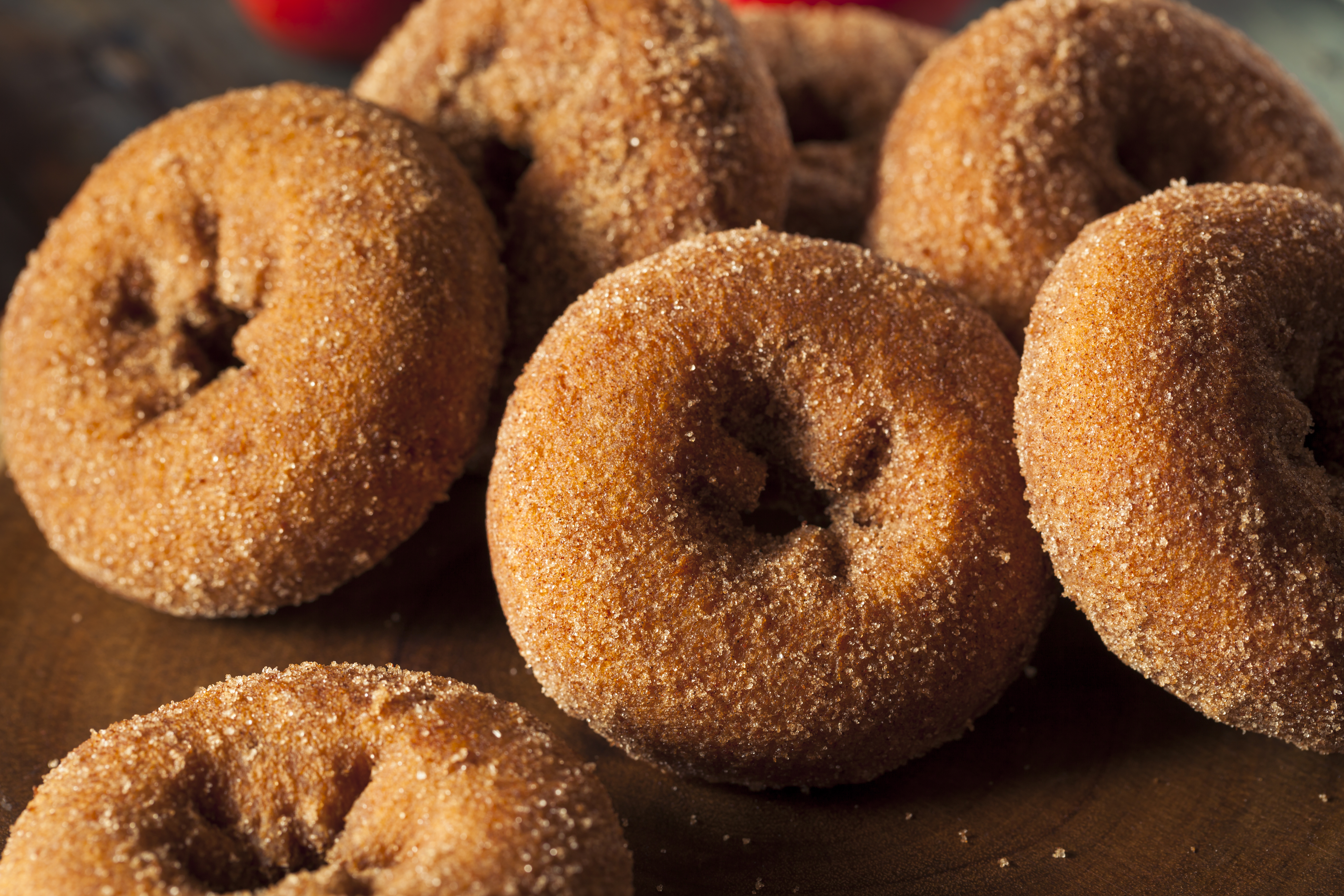 A close-up shot of apple cider doughnuts. 