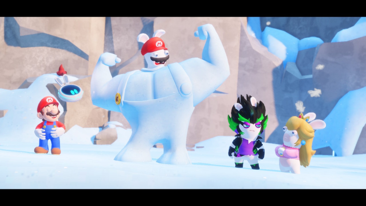 Mario, Edge, and Rabbid Peach roll their eyes at Rabbid Mario, who has made snow muscles for himself in Mario + Rabbids Sparks of Hope