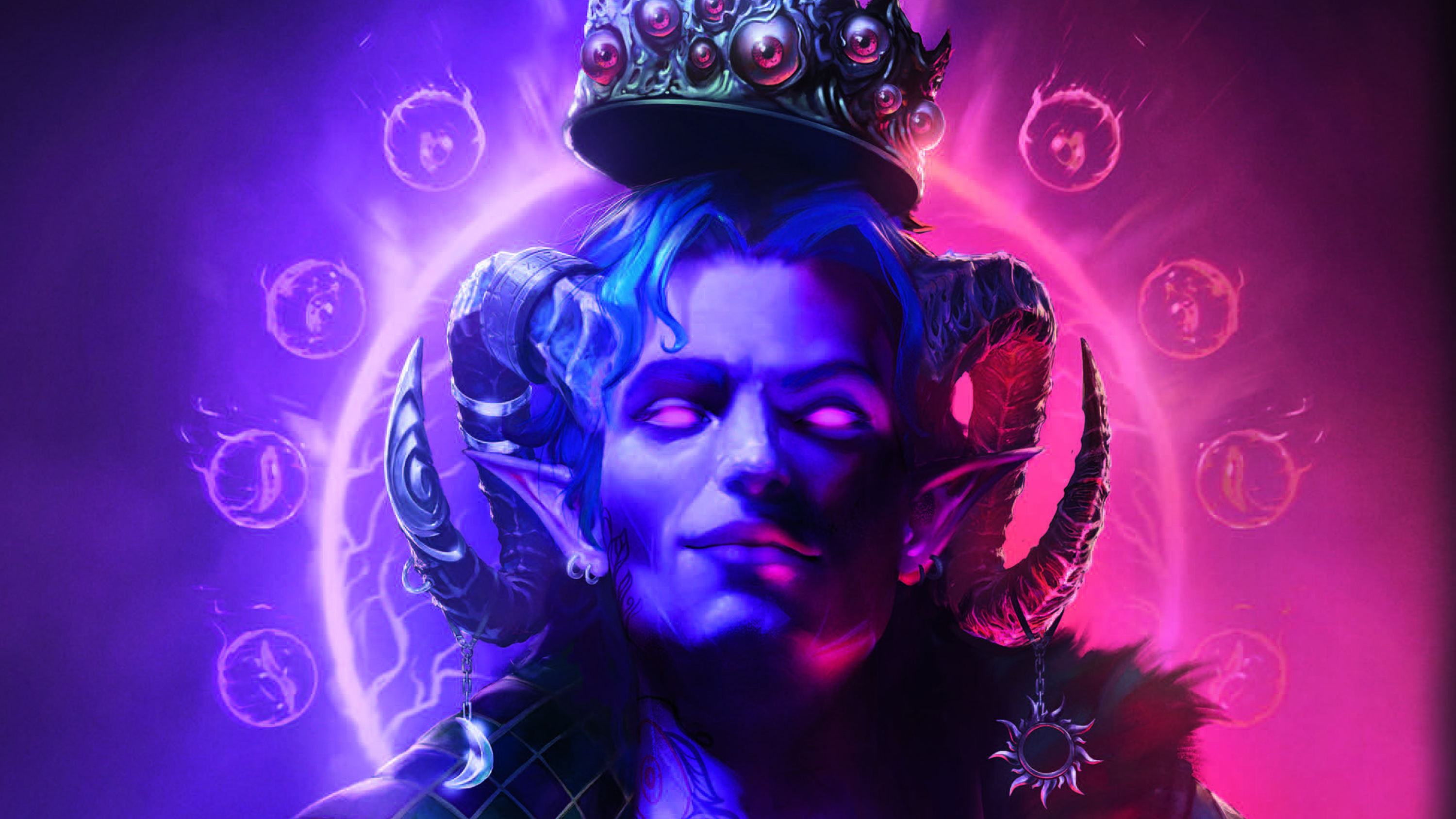 Cover art from The Nine Eyes of Lucien, a Critical Role novel about the Mighty Nein, shows a tiefling with purple eyes and a crown floating over his head. The crown has nine gem-like eyes. In the background, in pinks and purple, is a mystical sigil mirroring the shape of the eyes on the crown.