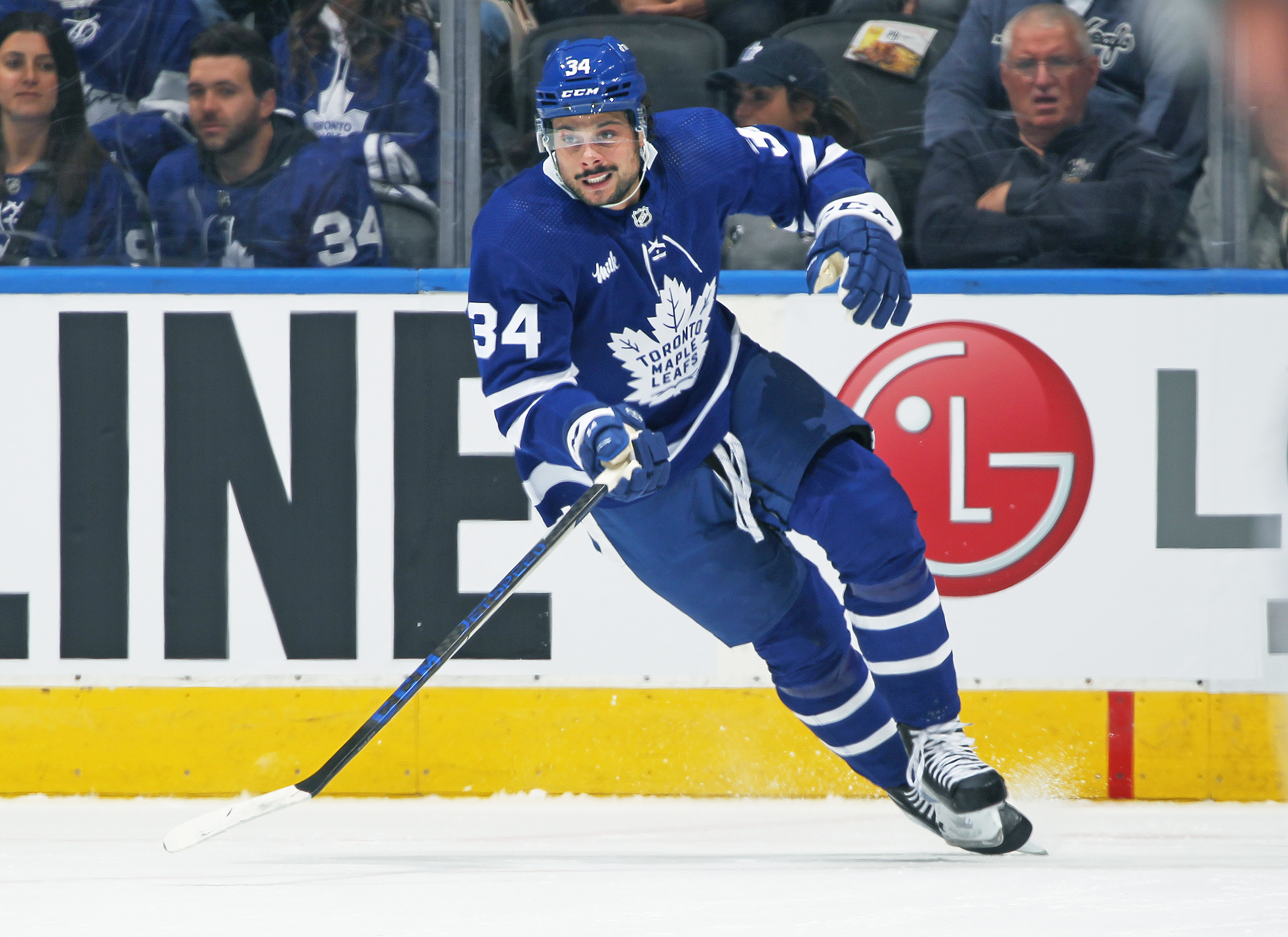 Auston Matthews of the Toronto Maple Leafs skates against the Arizona Coyotes during an NHL game at Scotiabank Arena on October 17, 2022 in Toronto, Ontario, Canada. The Coyotes defeated the Maple Leafs 4-2.