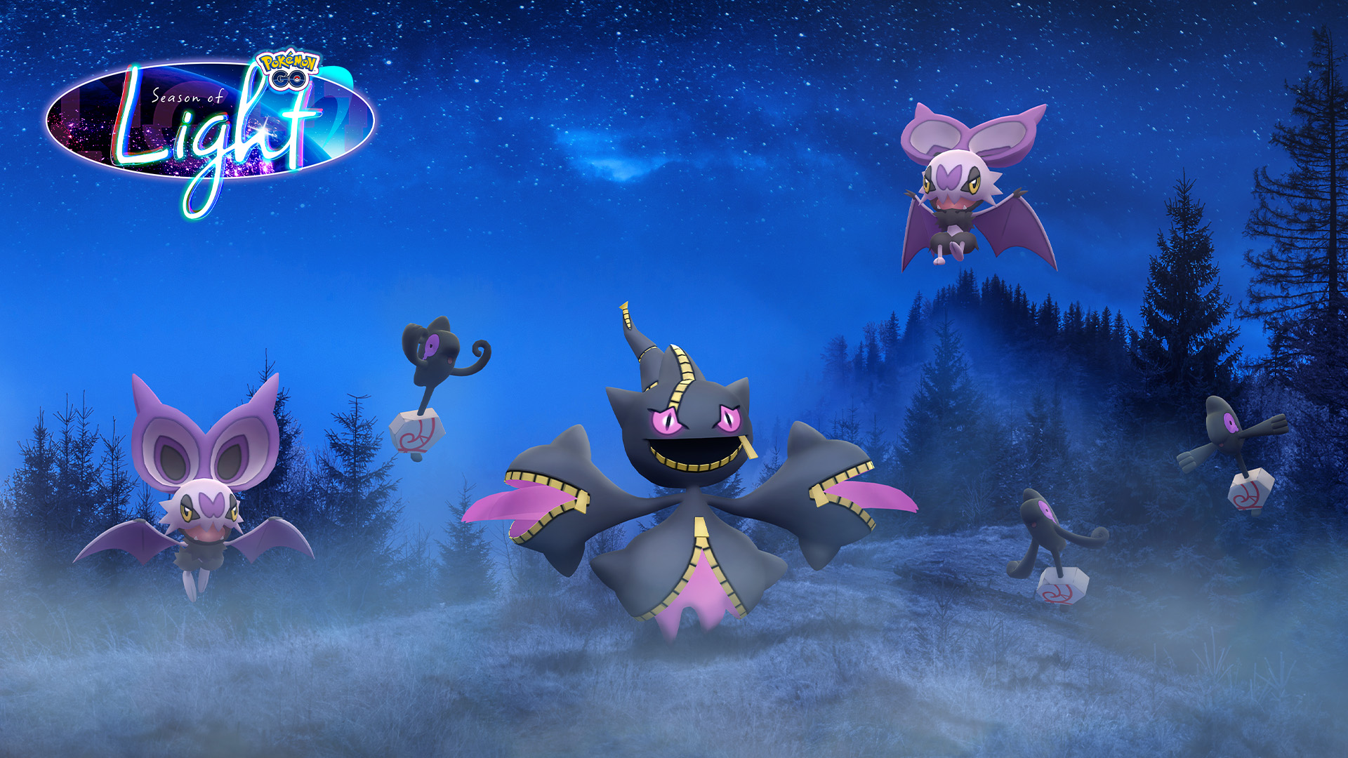 Mega Banette screams in a foggy forest surrounded by Galarian Yamask and Noibat