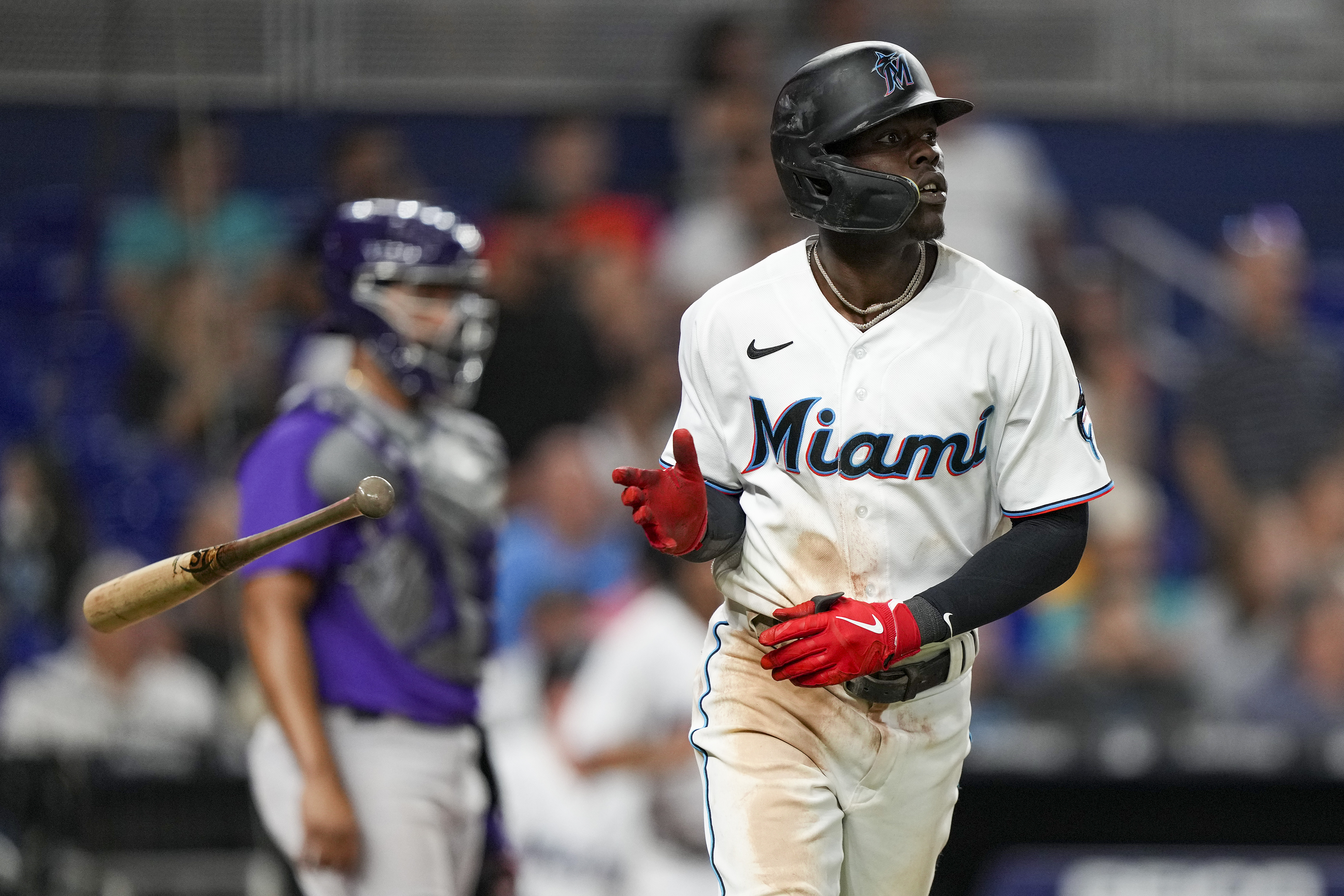 Jazz Chisholm Jr. #2 of the Miami Marlins hits a home run during the seventh inning against the Colorado Rockies at loanDepot park on June 22, 2022 in Miami, Florida.