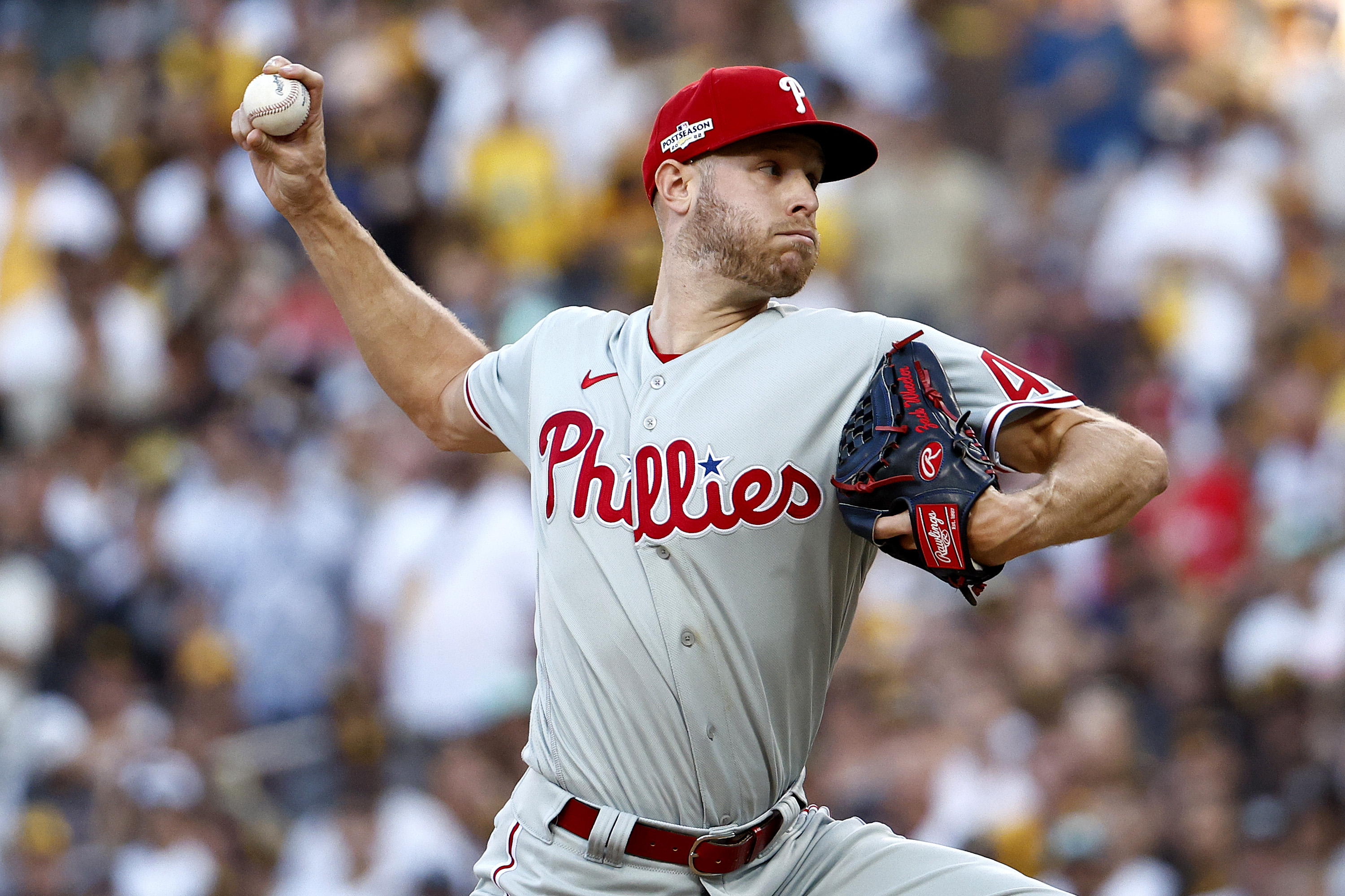 Zack Wheeler of the Philadelphia Phillies pitches during the first inning in game one of the National League Championship Series against the San Diego Padres at PETCO Park on October 18, 2022 in San Diego, California.