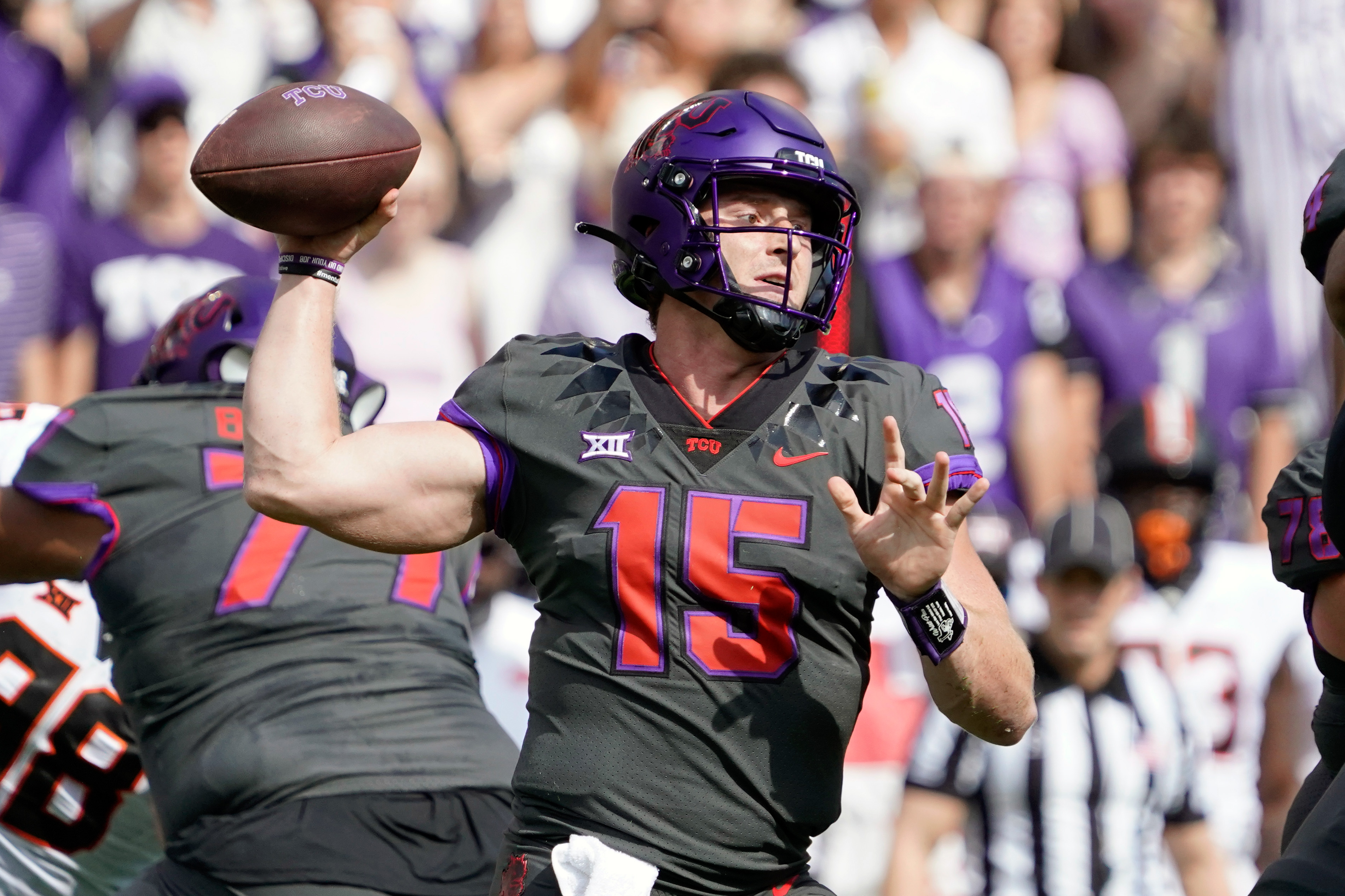 TCU Horned Frogs quarterback Max Duggan during the first half against the Oklahoma State Cowboys at Amon G. Carter Stadium.
