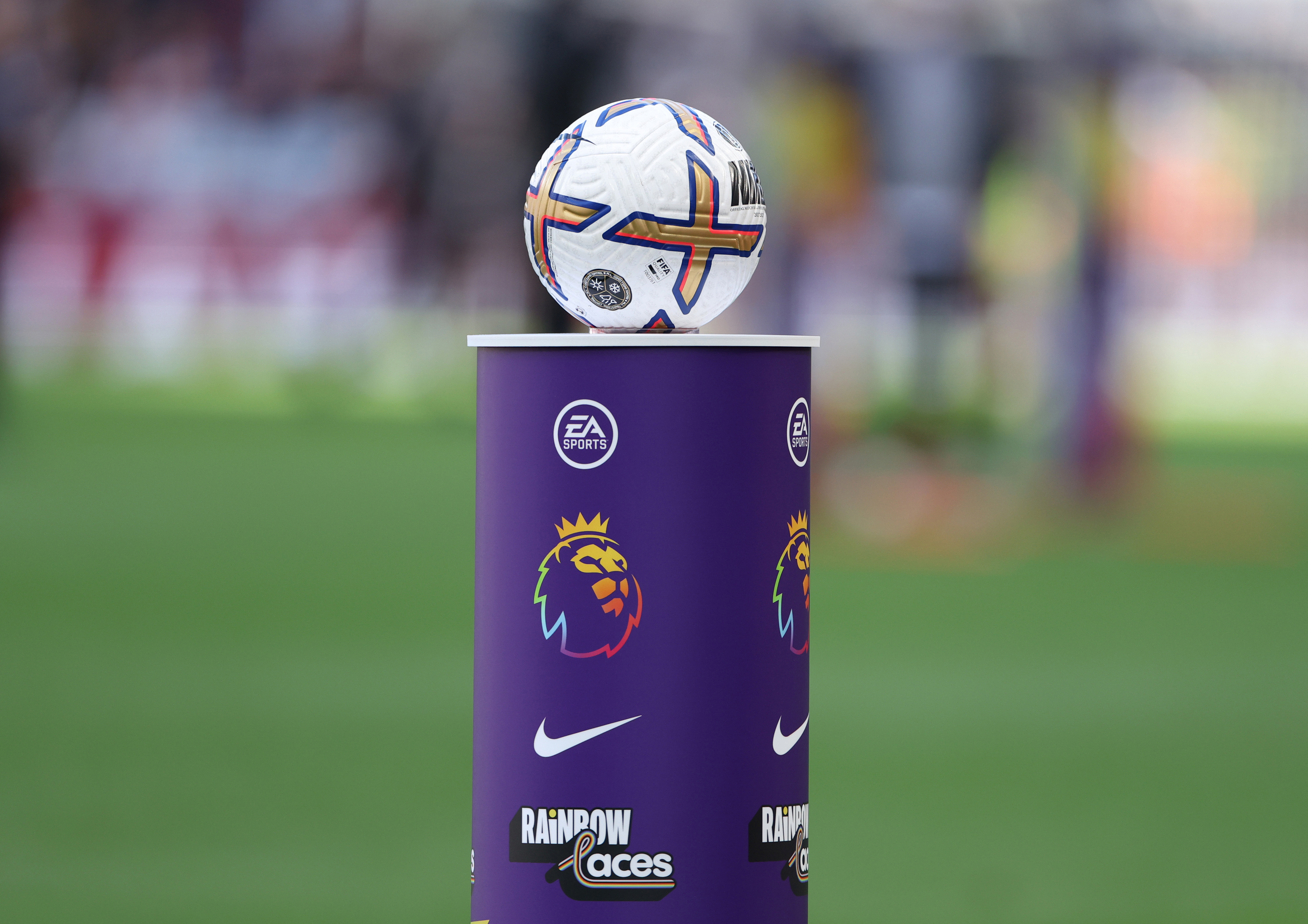 The match ball sits on the Rainbow Laces plinth ahead of the Premier League match between Aston Villa and Brentford FC at Villa Park on October 23, 2022 in Birmingham, England.