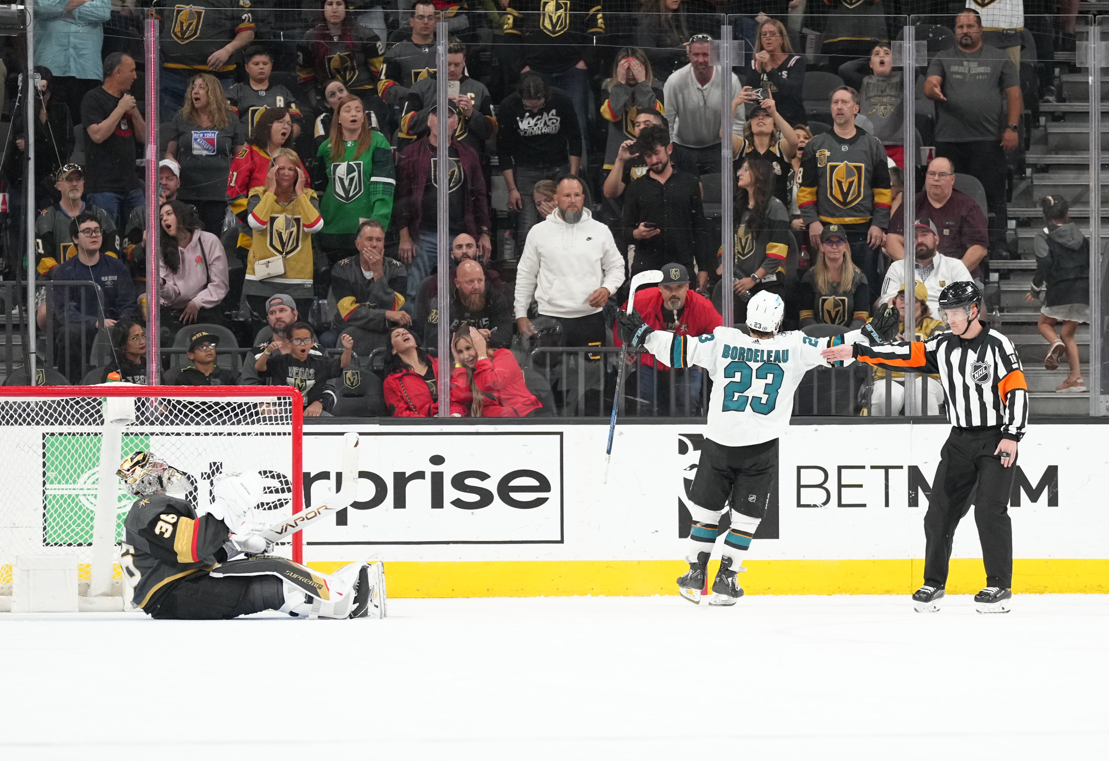 Thomas Bordeleau #23 of the San Jose Sharks celebrates with teammates after scoring the game-winning goal in a shootout against the Vegas Golden Knights at T-Mobile Arena on April 24, 2022 in Las Vegas, Nevada.