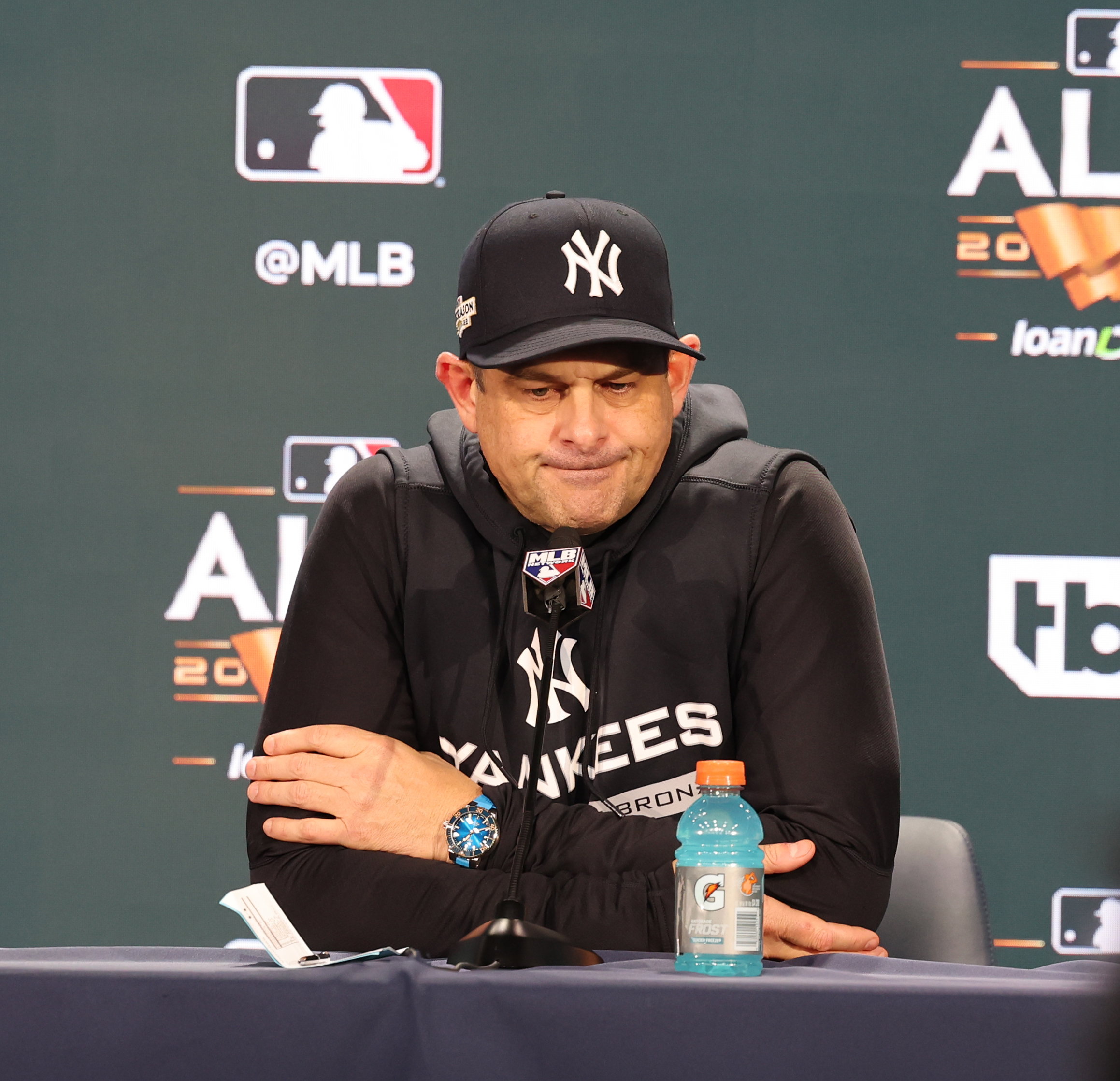 New York Yankees manager Aaron Boone speaks to media after the team is swept by Houston Astros in ALCS