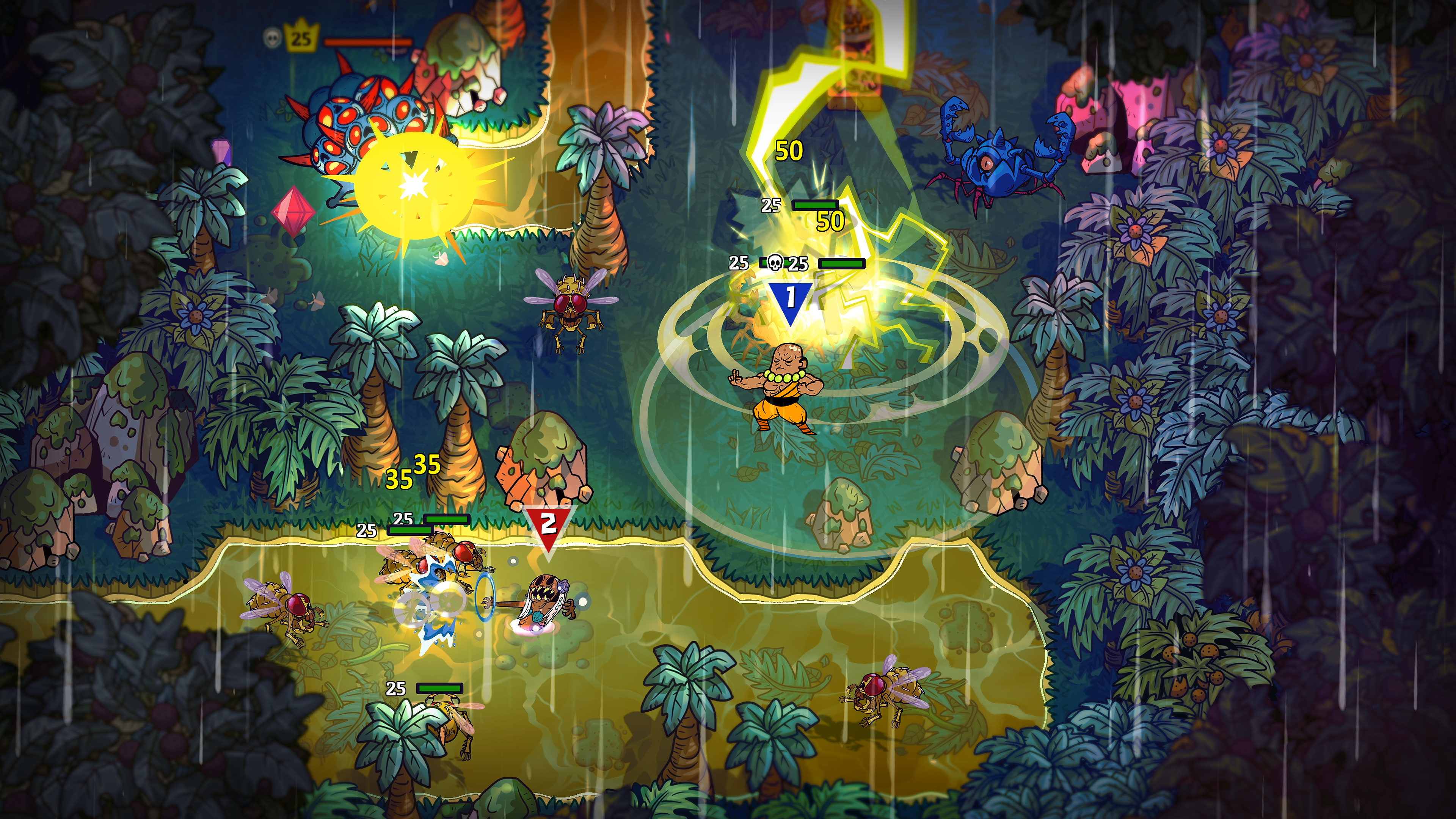 two-player combat in a jungle section of Nobody Saves the World