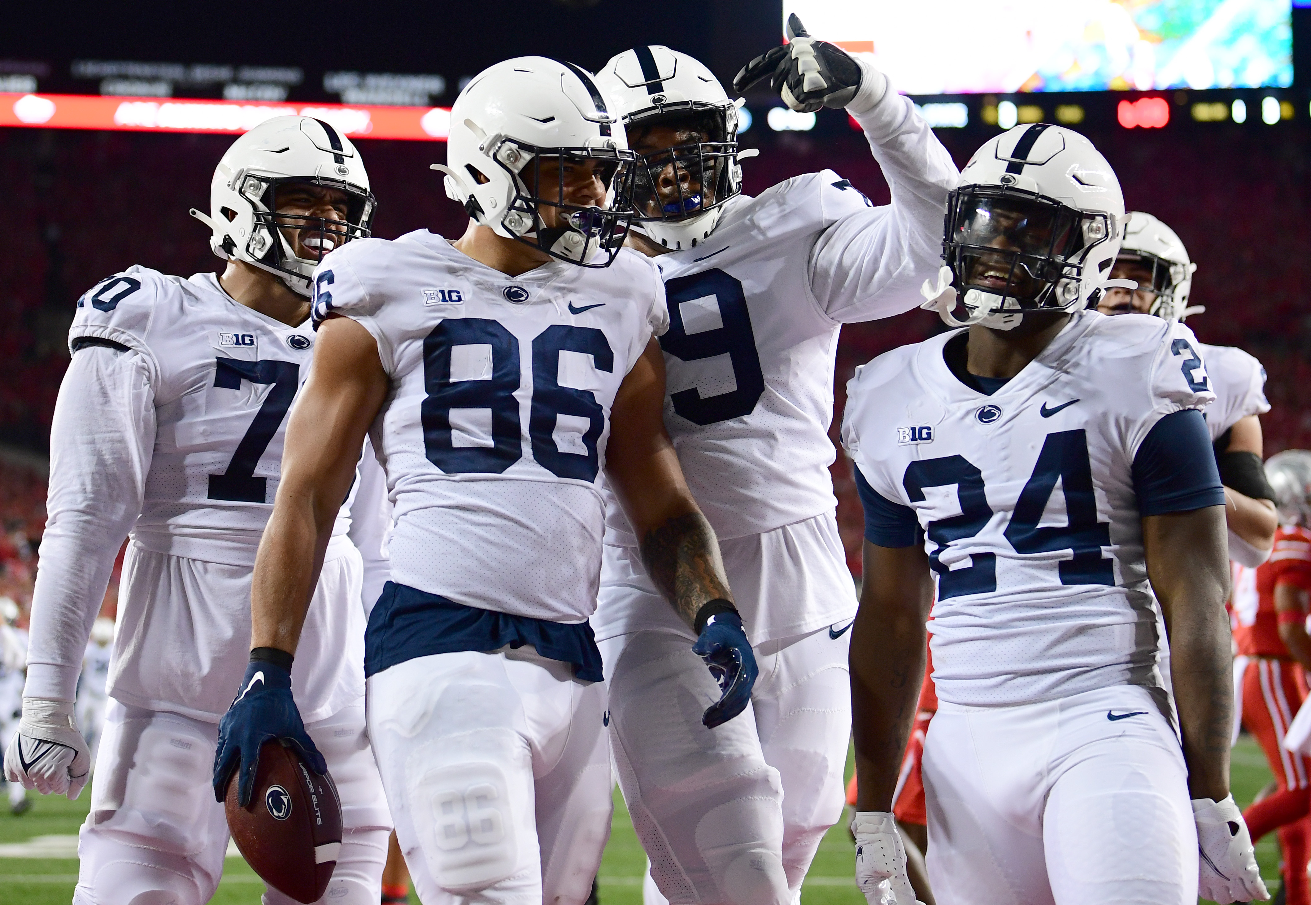 Brenton Strange #86 of the Penn State Nittany Lions celebrates his touchdown against the Ohio State Buckeyes during the first half of their game at Ohio Stadium on October 30, 2021 in Columbus, Ohio.