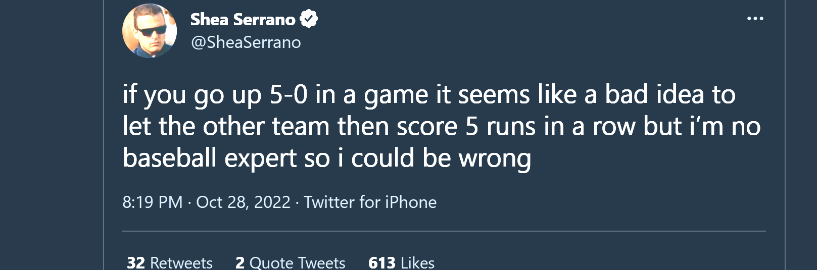if you go up 5-0 in a game it seems like a bad idea to let the other team then score 5 runs in a row but i’m no baseball expert so i could be wrong