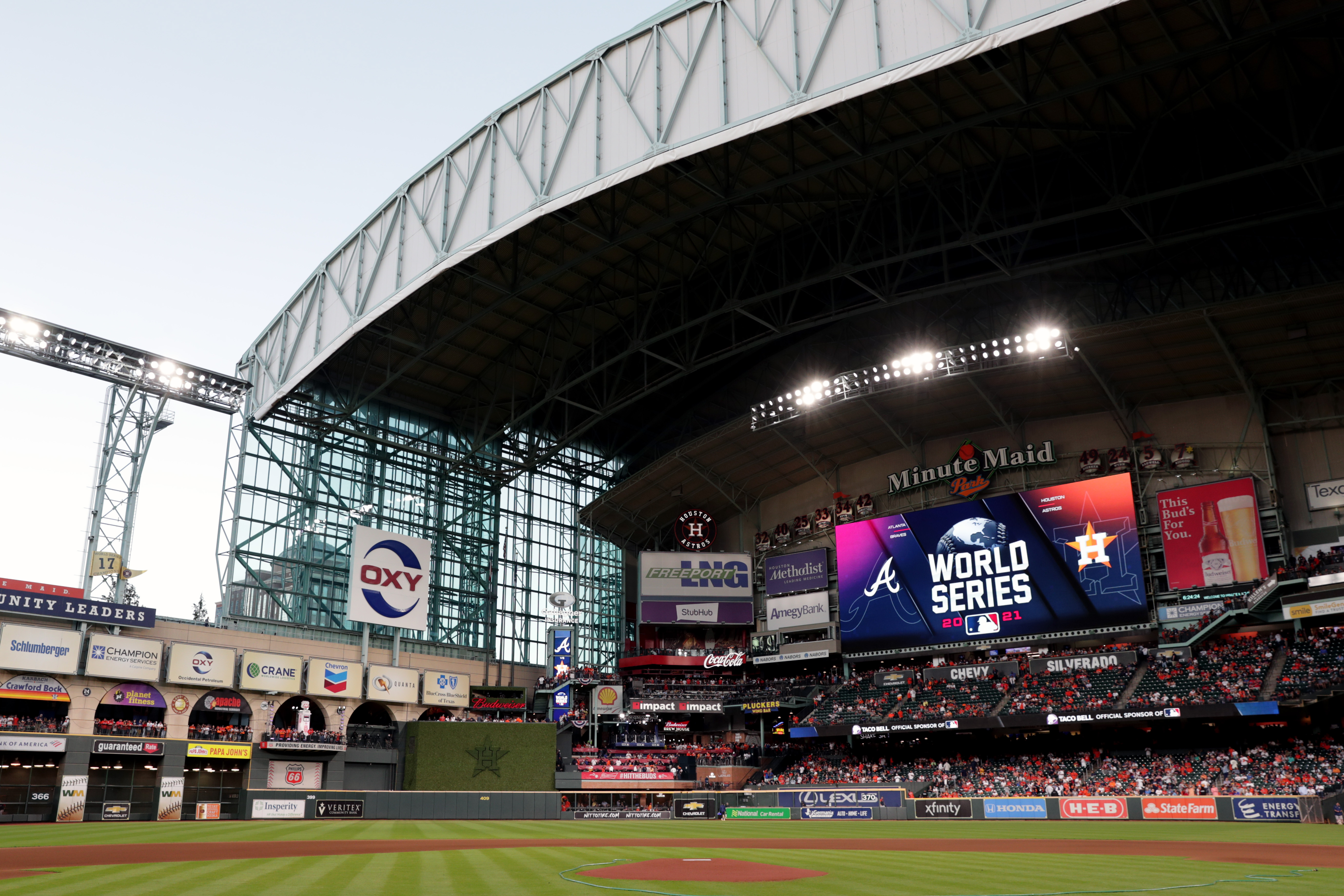 A general view of Minute Maid Park with the roof open prior to Game 2 of the 2021 World Series between the Atlanta Braves and the Houston Astros on Wednesday, October 27, 2021 in Houston, Texas.