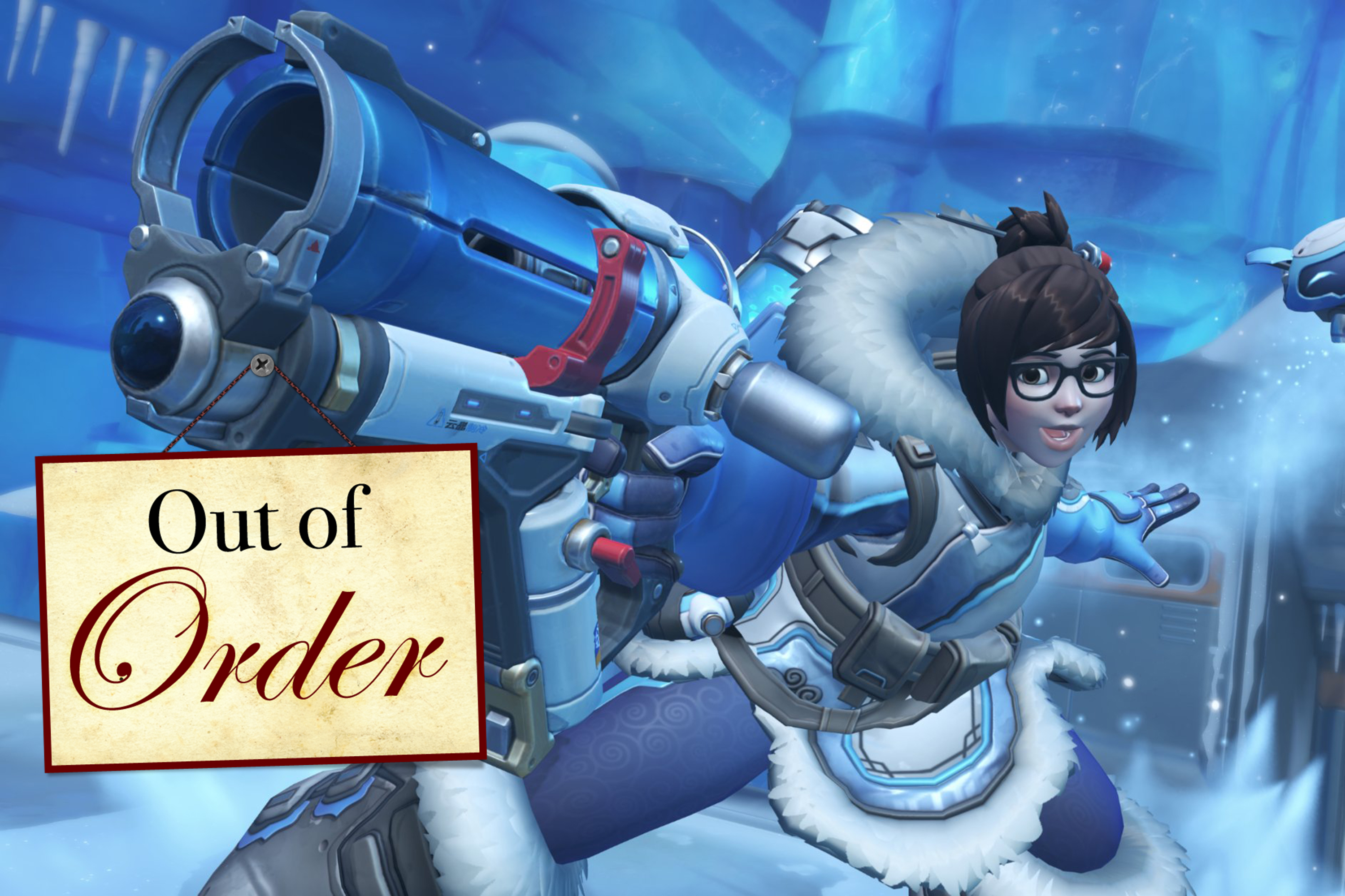 Overwatch 2’s Mei holding her ice gun straight at the camera. It’s got an “out of order” weapon charm.