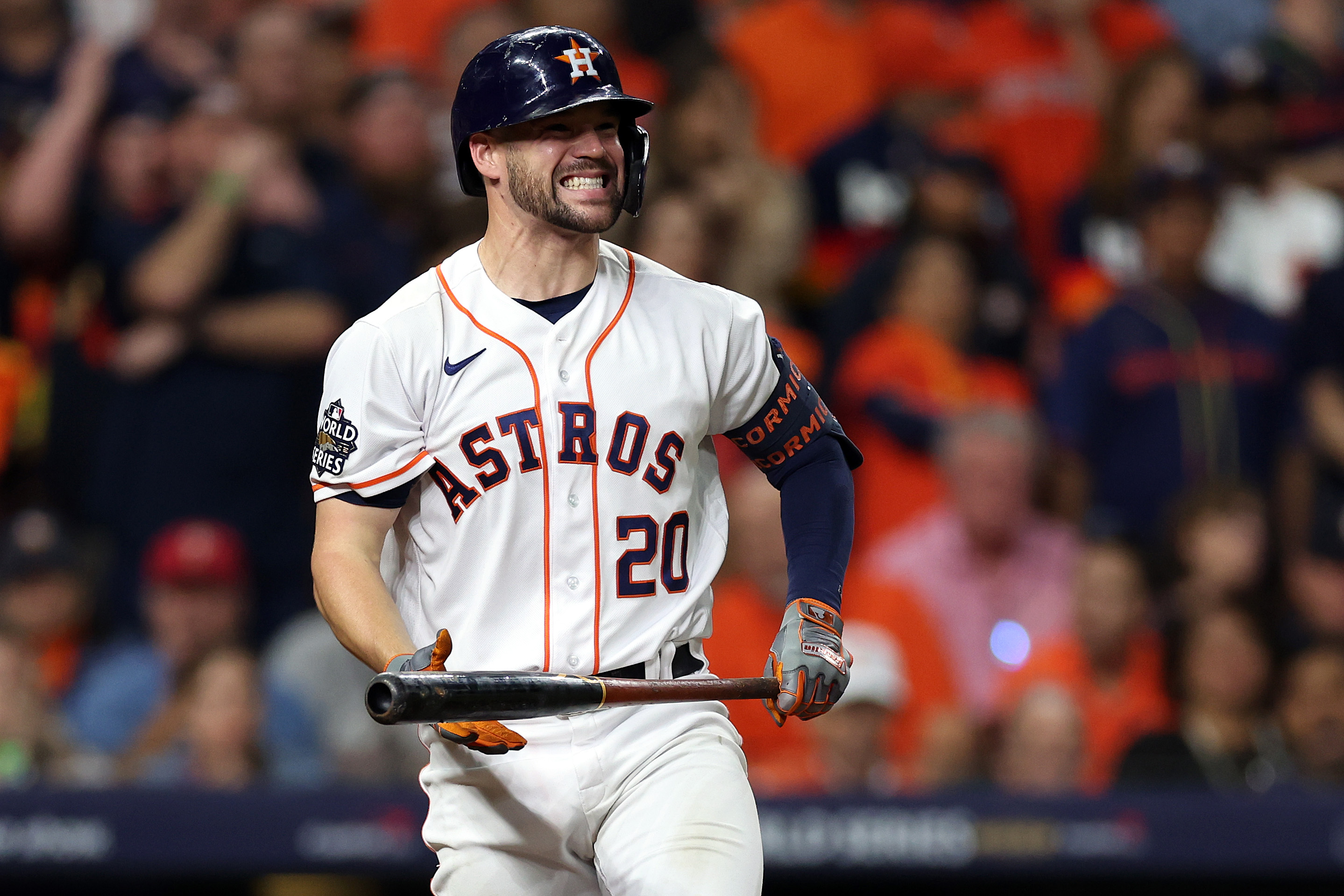 Chas McCormick #20 of the Houston Astros reacts after striking out in the ninth inning against the Philadelphia Phillies in Game One of the 2022 World Series at Minute Maid Park on October 28, 2022 in Houston, Texas.