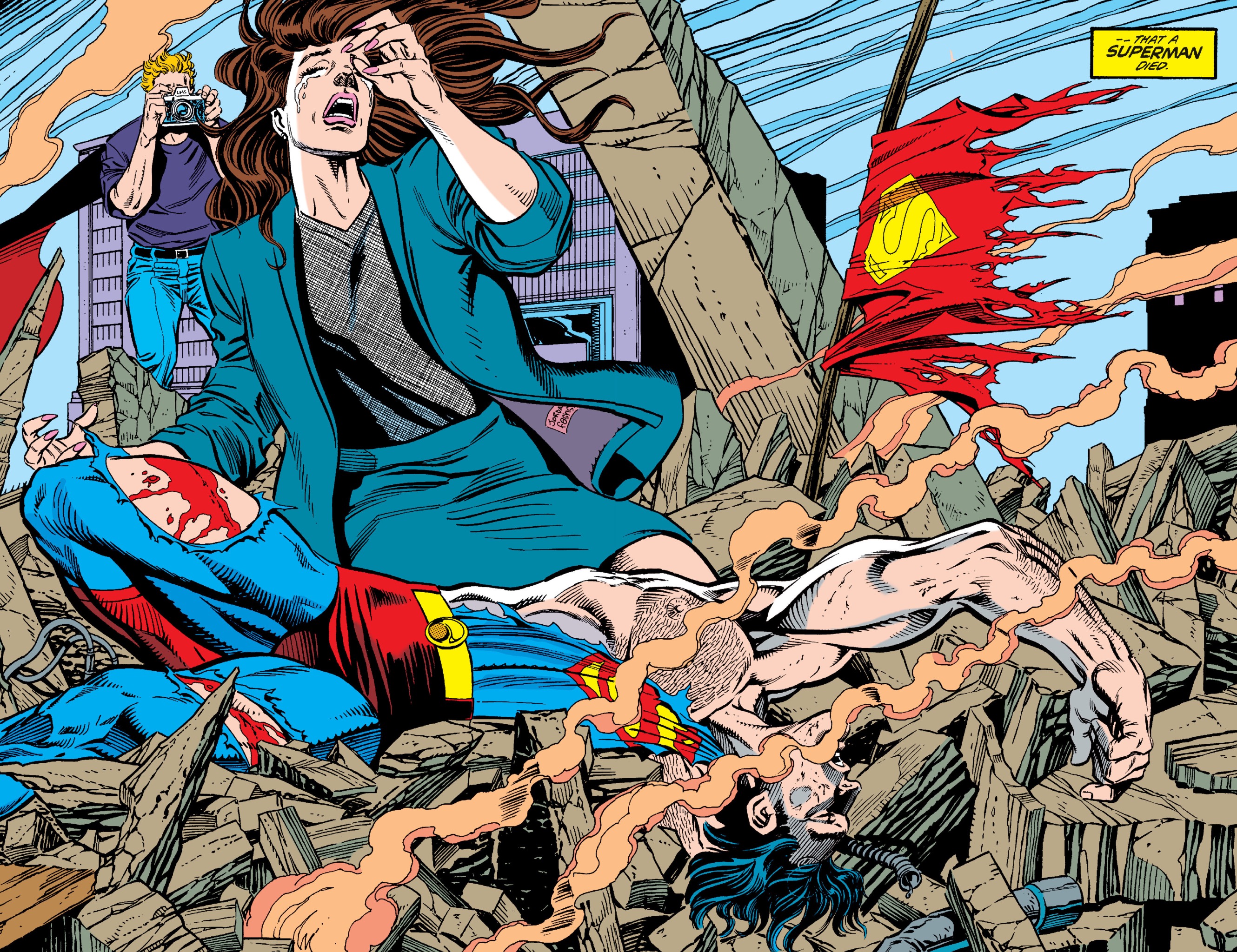 Superman’s body lies in rubble, while Lois Lane and Jimmy Olsen mourn and his tattered cape flutters in the smoke, on the final page of Superman #75, DC Comics (1992).
