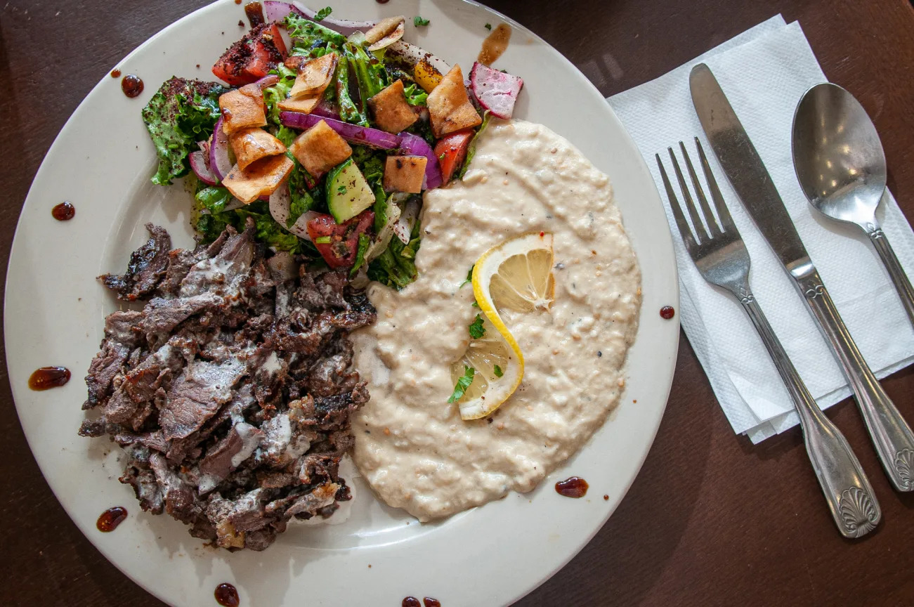 A plate of shredded meat, a pile of hummus, and vegetables.