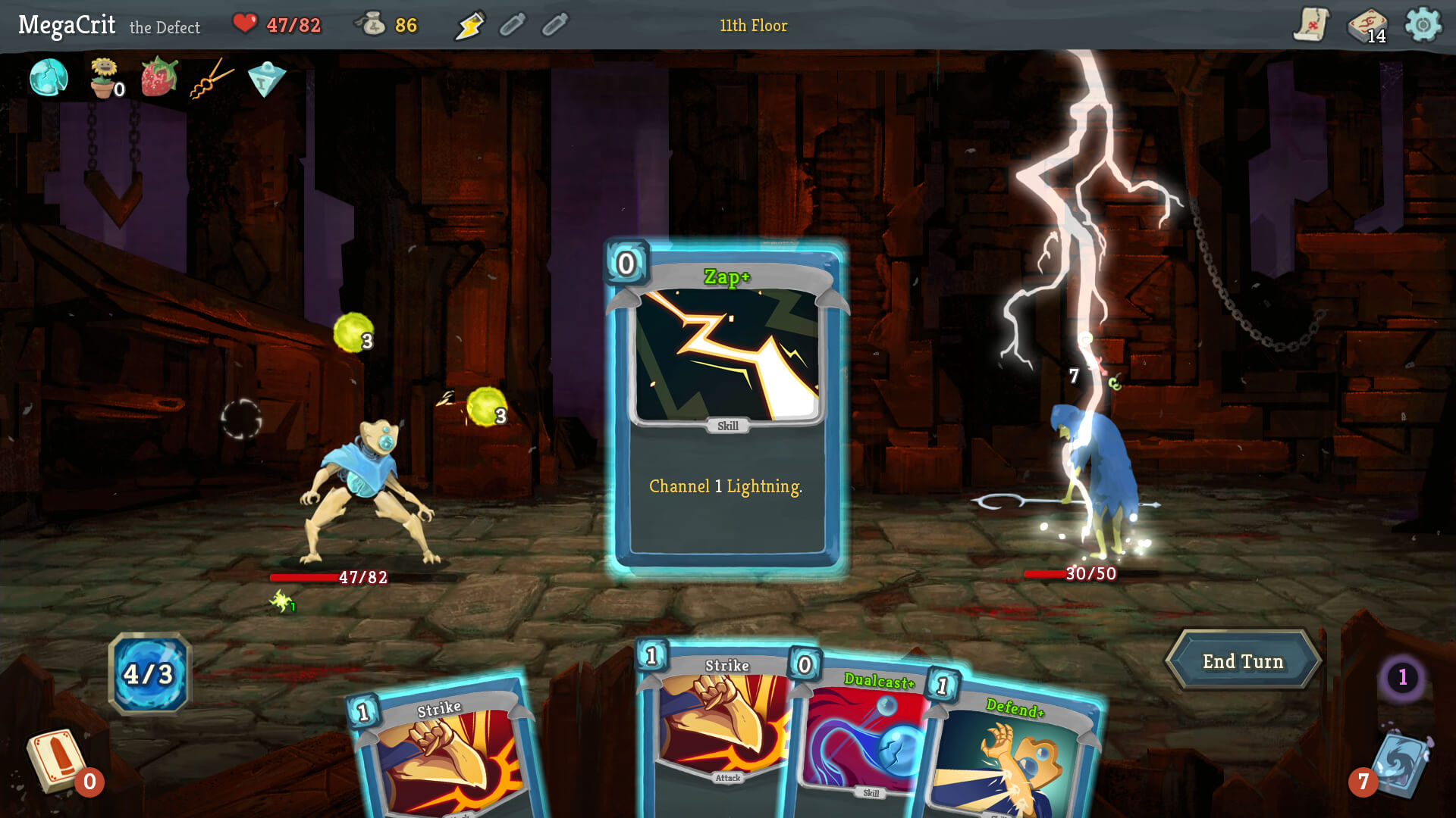A card delivers a lightning attack in Slay the Spire