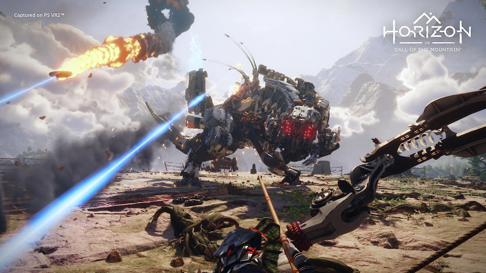 First-person in-game view of a player readying their bow-and-arrow to fire at a huge “Thunderjaw” which is a machine-like dinosaur