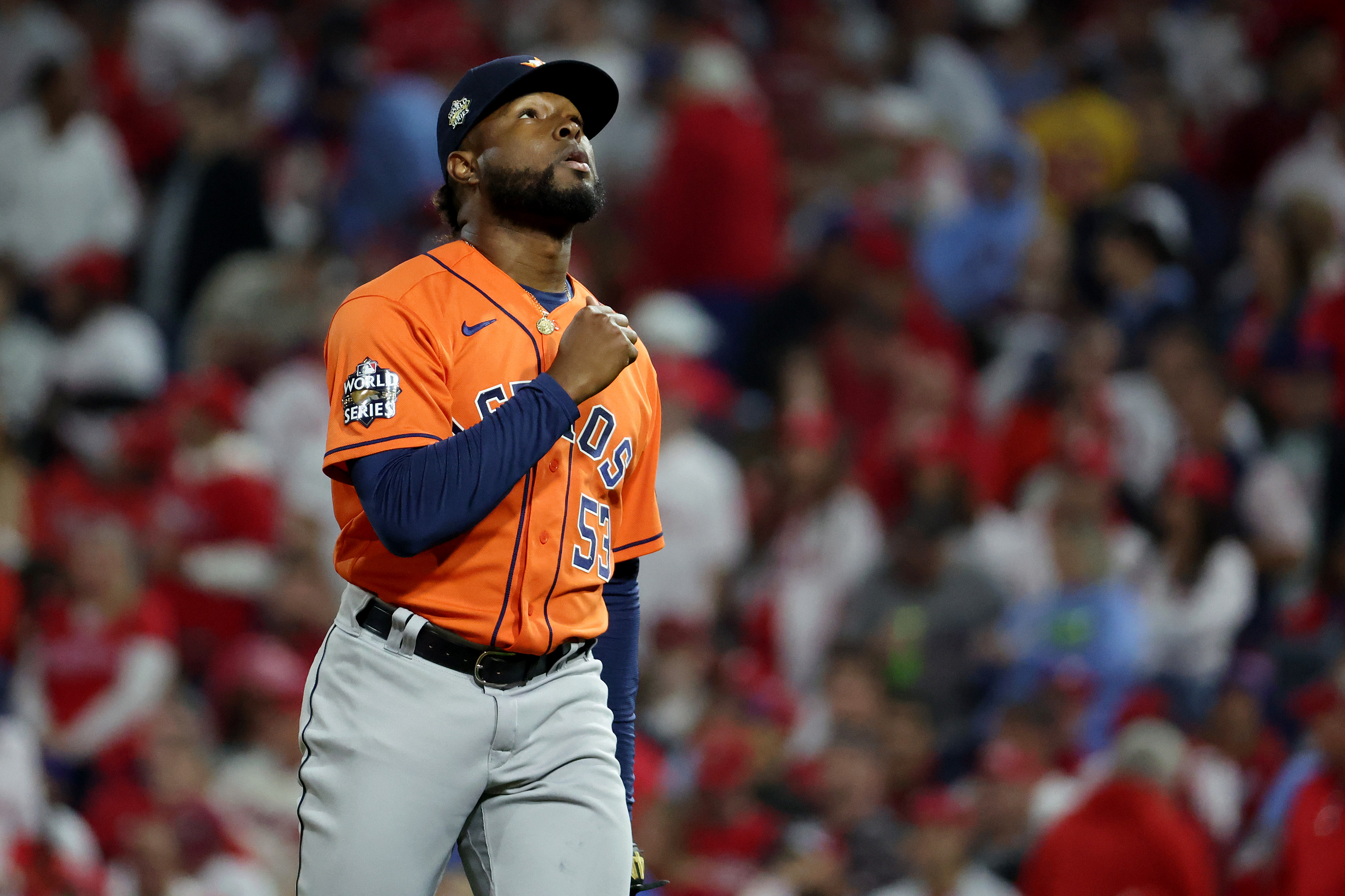 Cristian Javier of the Houston Astros reacts after the end of the fifth inning against the Philadelphia Phillies in Game Four of the 2022 World Series at Citizens Bank Park on November 02, 2022 in Philadelphia, Pennsylvania.