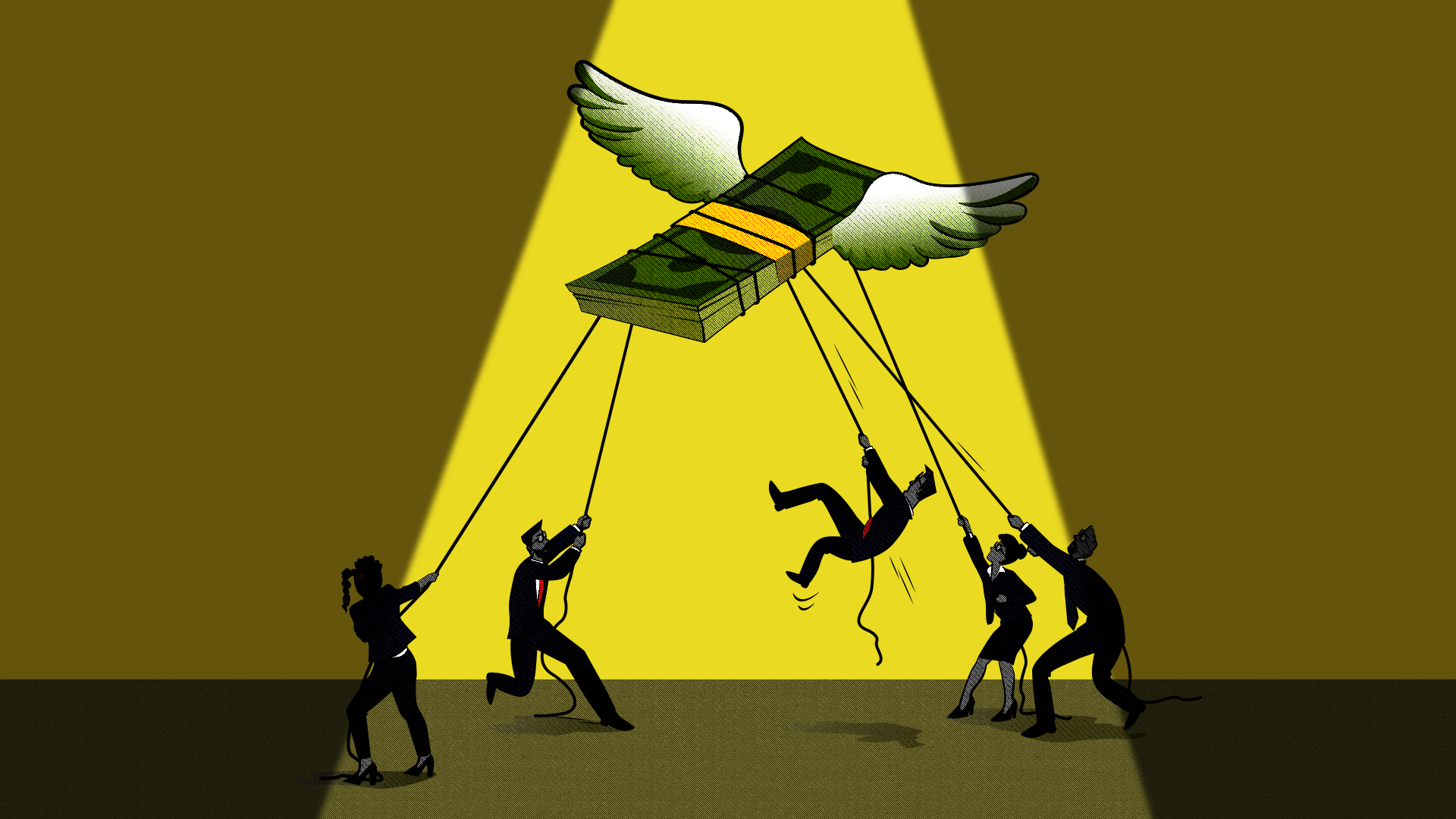 An illustration of a stack of money with wings, as several silhouetted people try to keep it from flying away, using ropes attached to it.