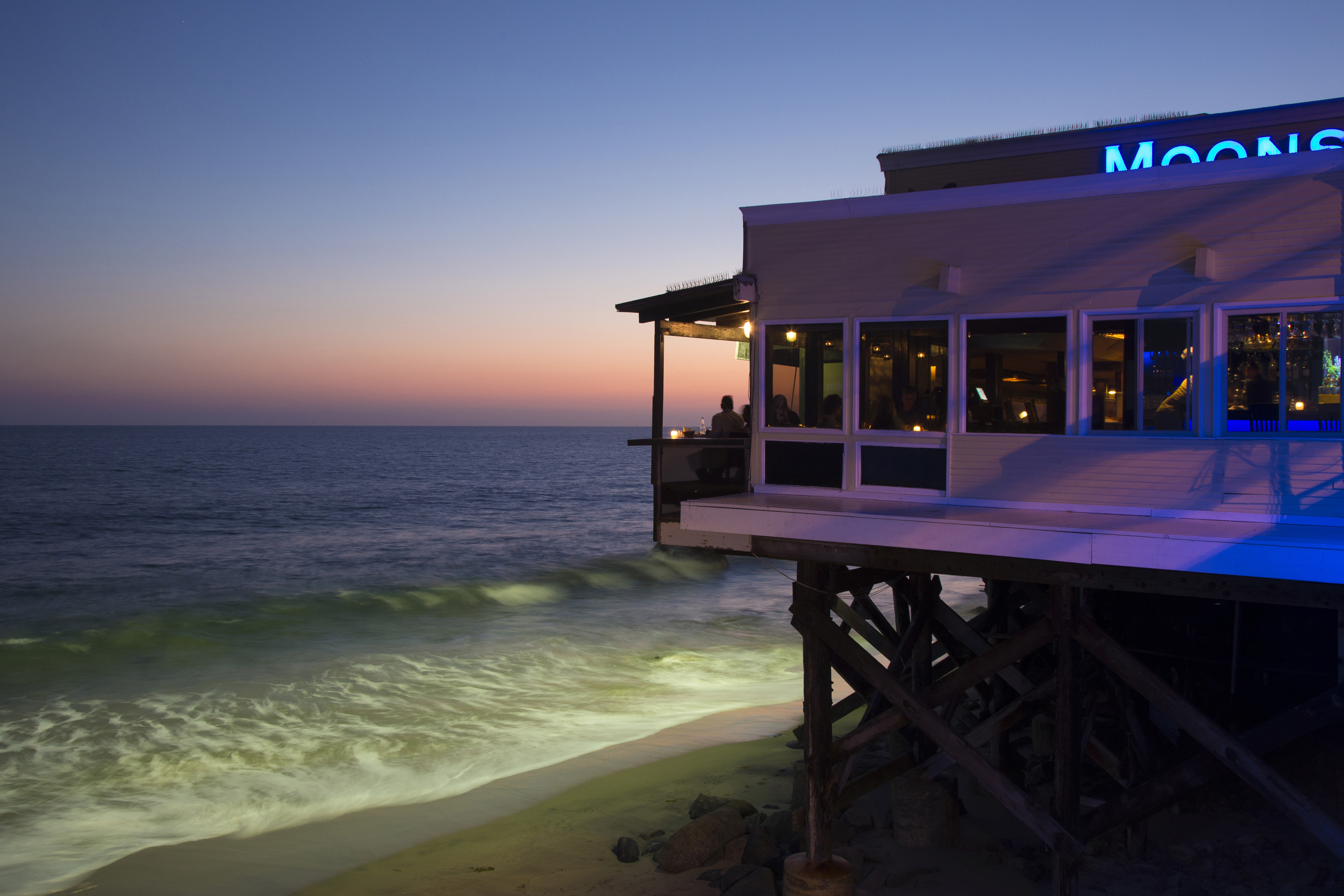View of Ocean from Moonshadows Restaurant at dusk, Malibu, California, USA