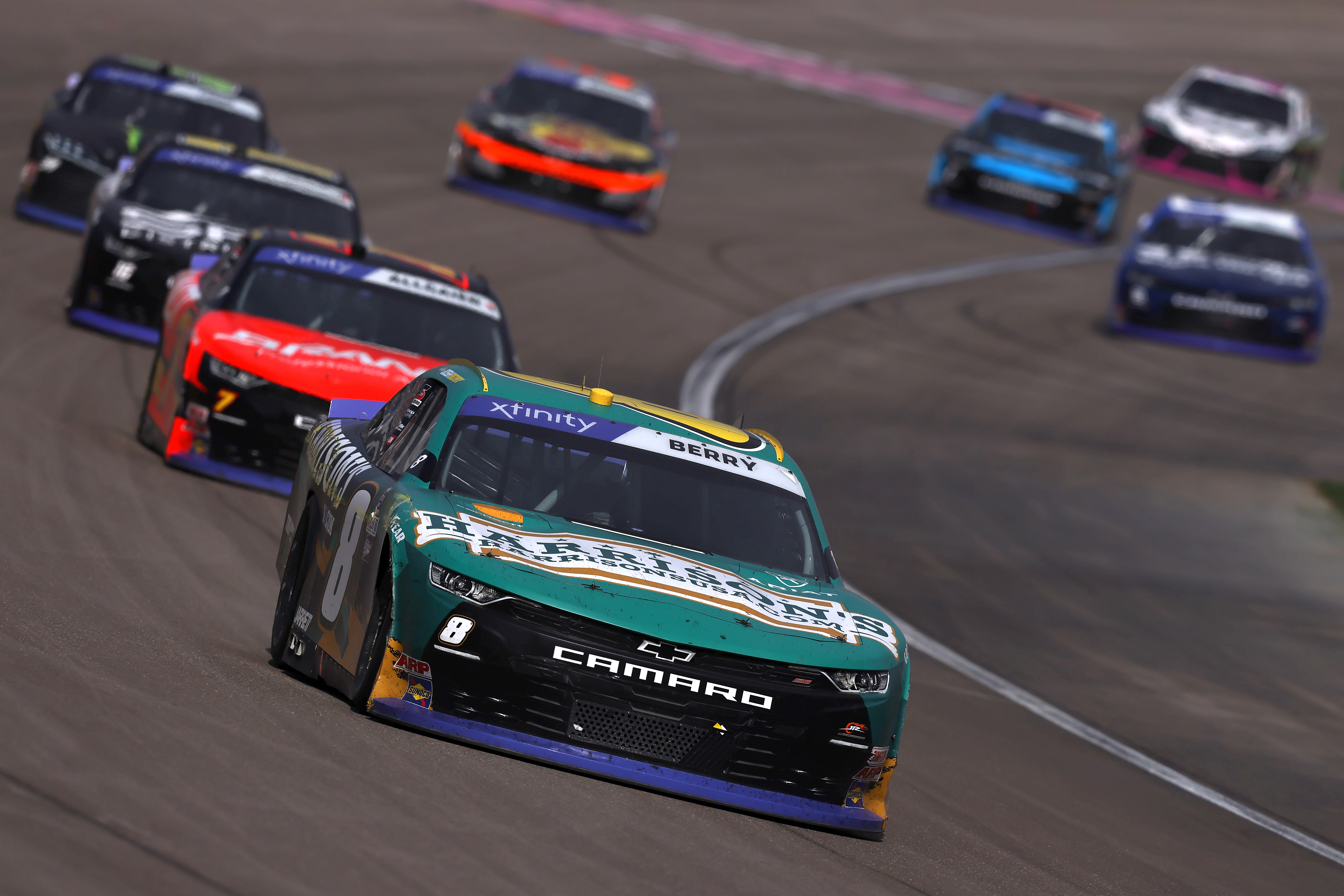 Josh Berry, driver of the #8 Harrison’s USA Chevrolet, leads the field during the NASCAR Xfinity Series Alsco Uniforms 302 at Las Vegas Motor Speedway on October 15, 2022 in Las Vegas, Nevada.