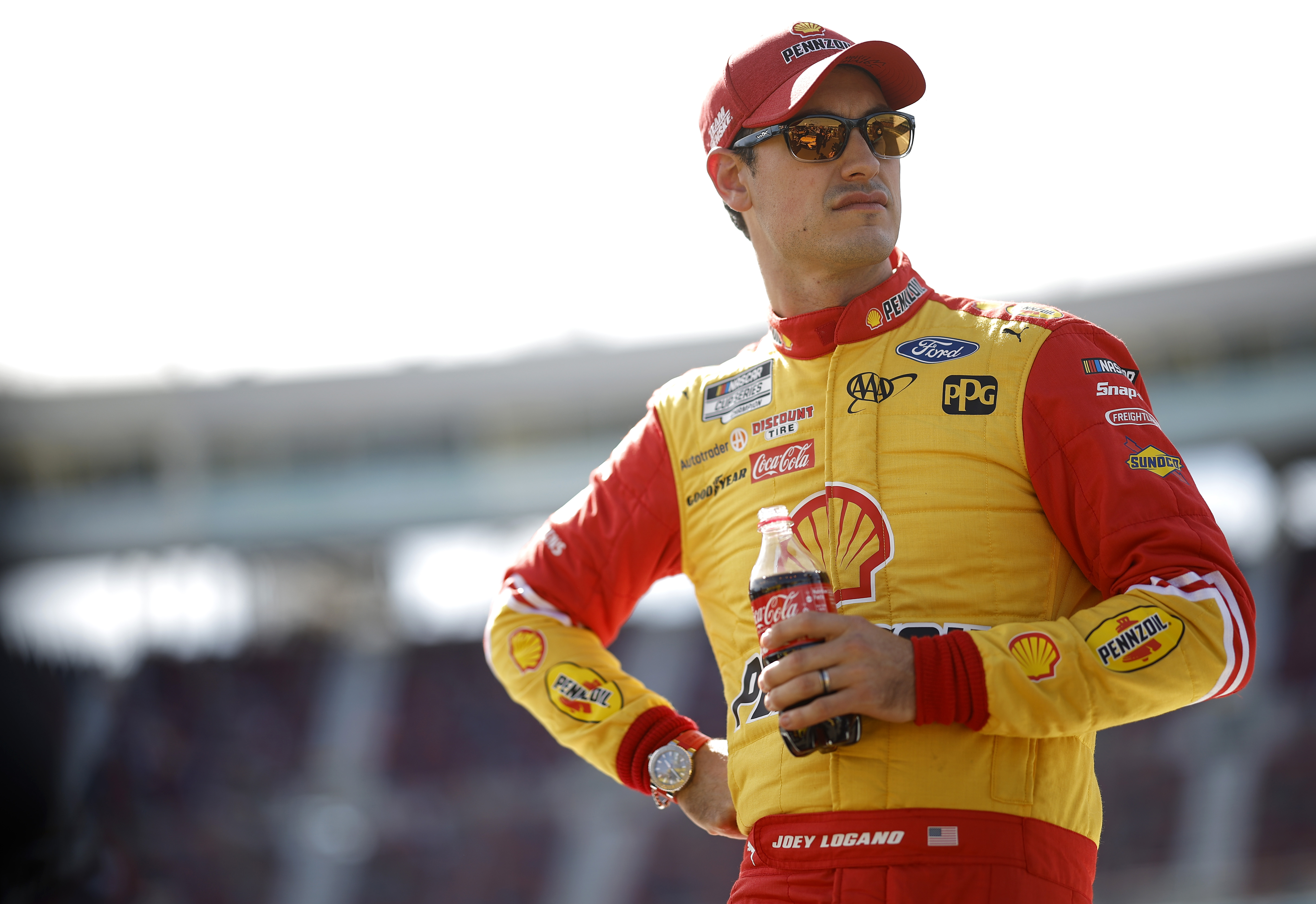 Joey Logano, driver of the #22 Shell Pennzoil Ford, waits on the grid during qualifying for the NASCAR Cup Series Championship at Phoenix Raceway on November 05, 2022 in Avondale, Arizona.