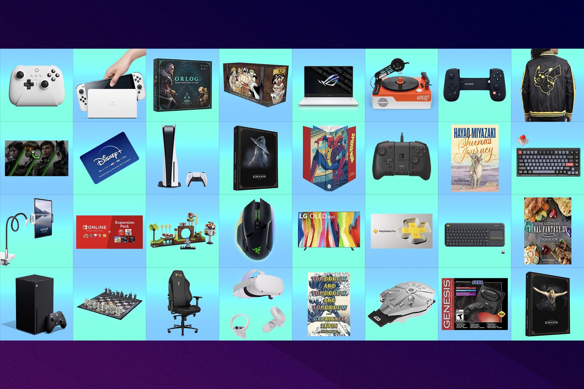 A grid shows 32 different gift ideas such as game consoles, controllers, and chairs