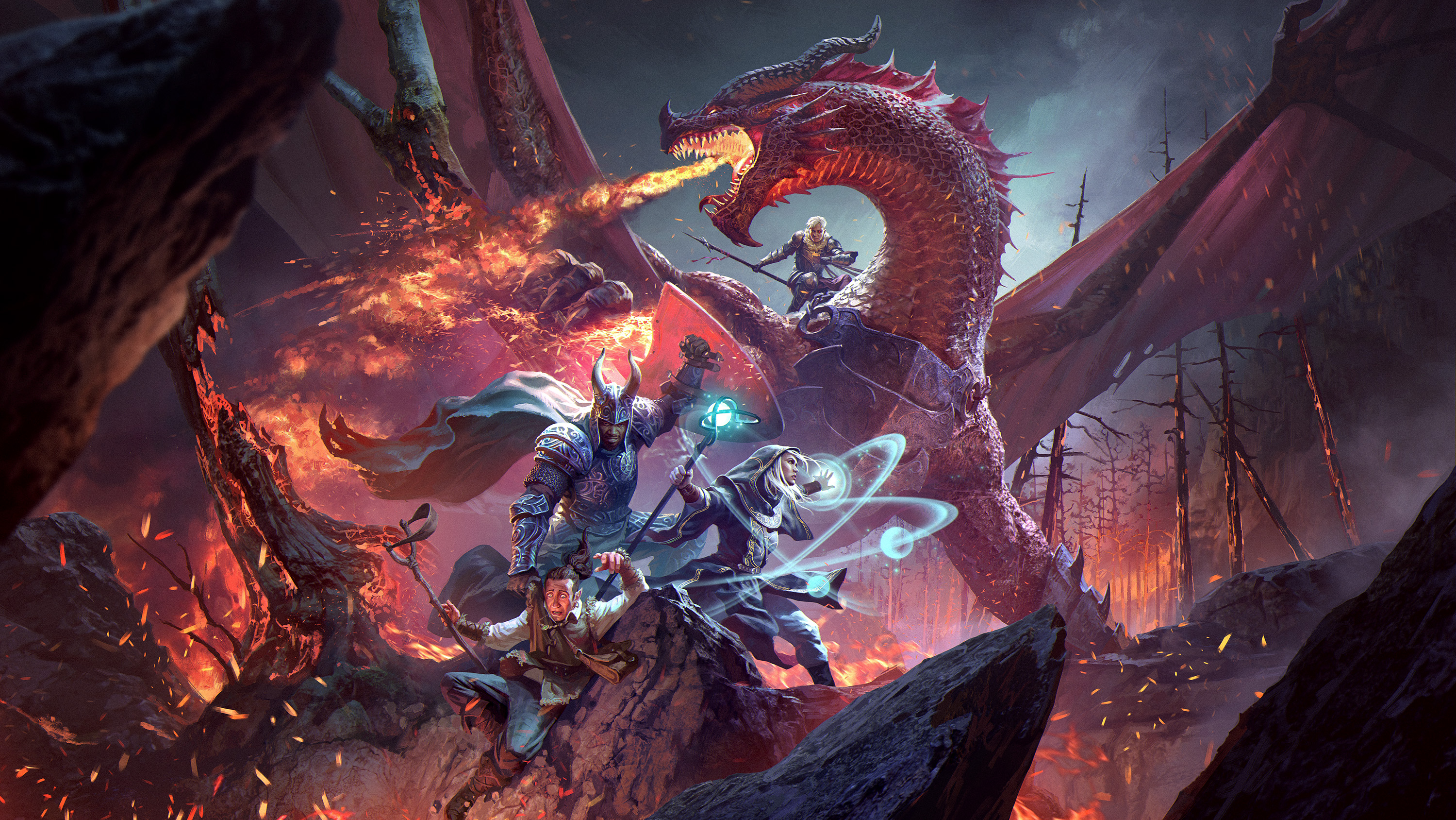 Three heroes grapple on a cliff’s edge as a red dragon breathes fire above them. The woods in the background is charred, a dragon rider searches the landscape.