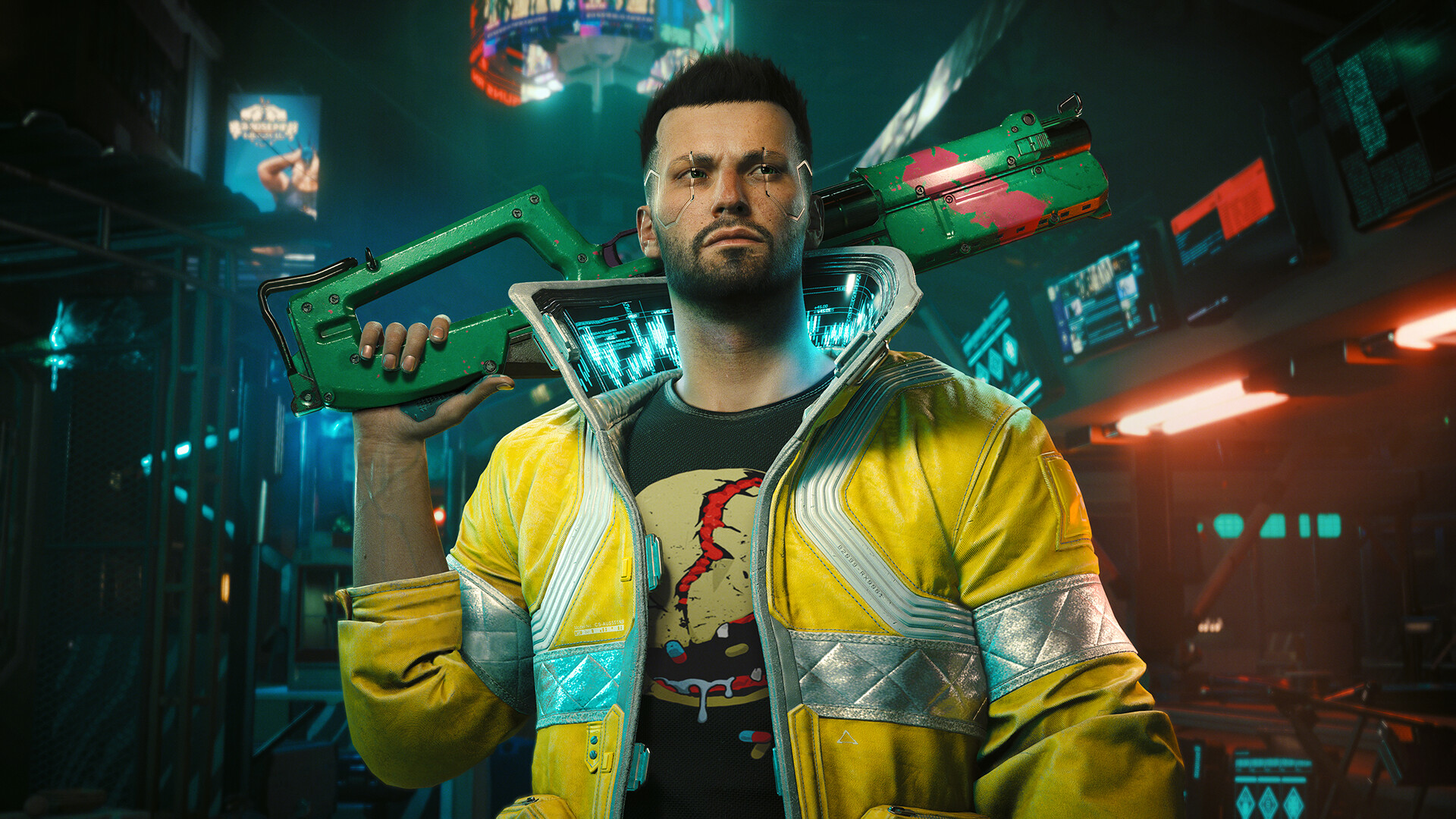 A cybernetically augmented man in a bright yellow jacket carries a green rifle across his shoulders against a cyberpunk city backdrop