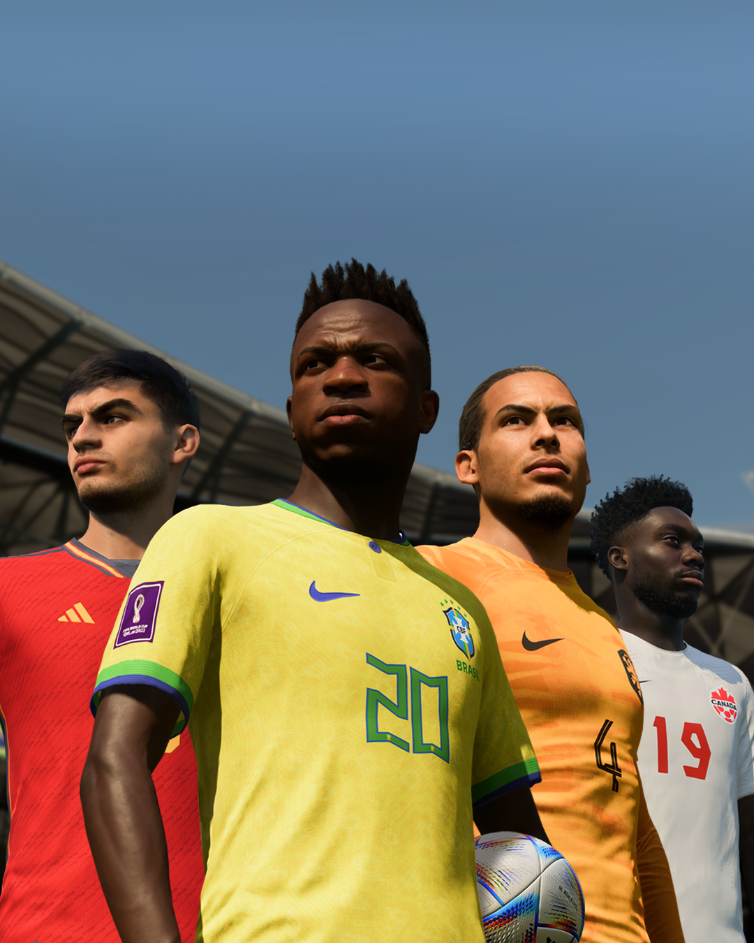 four players in their respective national team uniforms standing shoulder-to-shoulder in FIFA 23