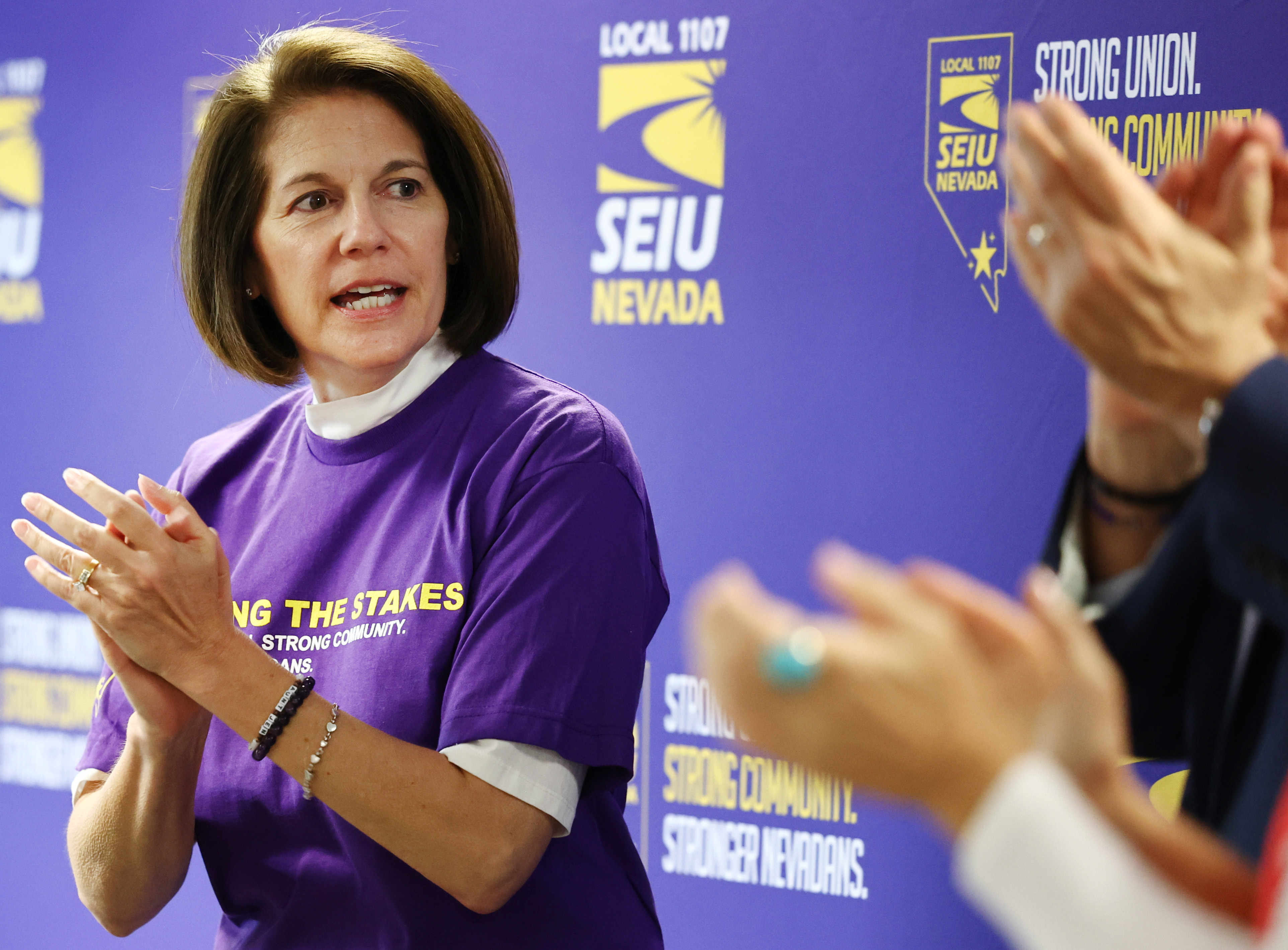 Democratic Senate candidate U.S. Sen. Catherine Cortez Masto, who is in a tight re-election race, applauds at an SEIU union worker election day rally on November 08, 2022 in Las Vegas, Nevada.